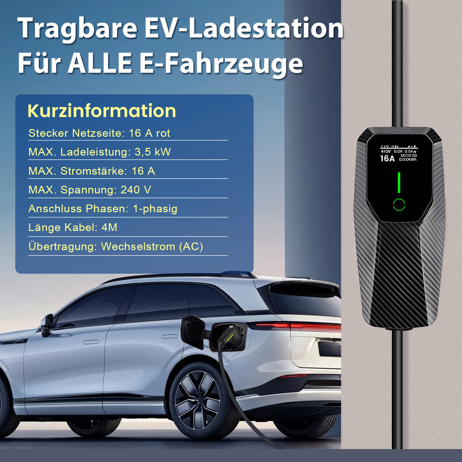 Stacja ładowania EV z samochodem, tekst wskazujący informacje o ładowaniu.