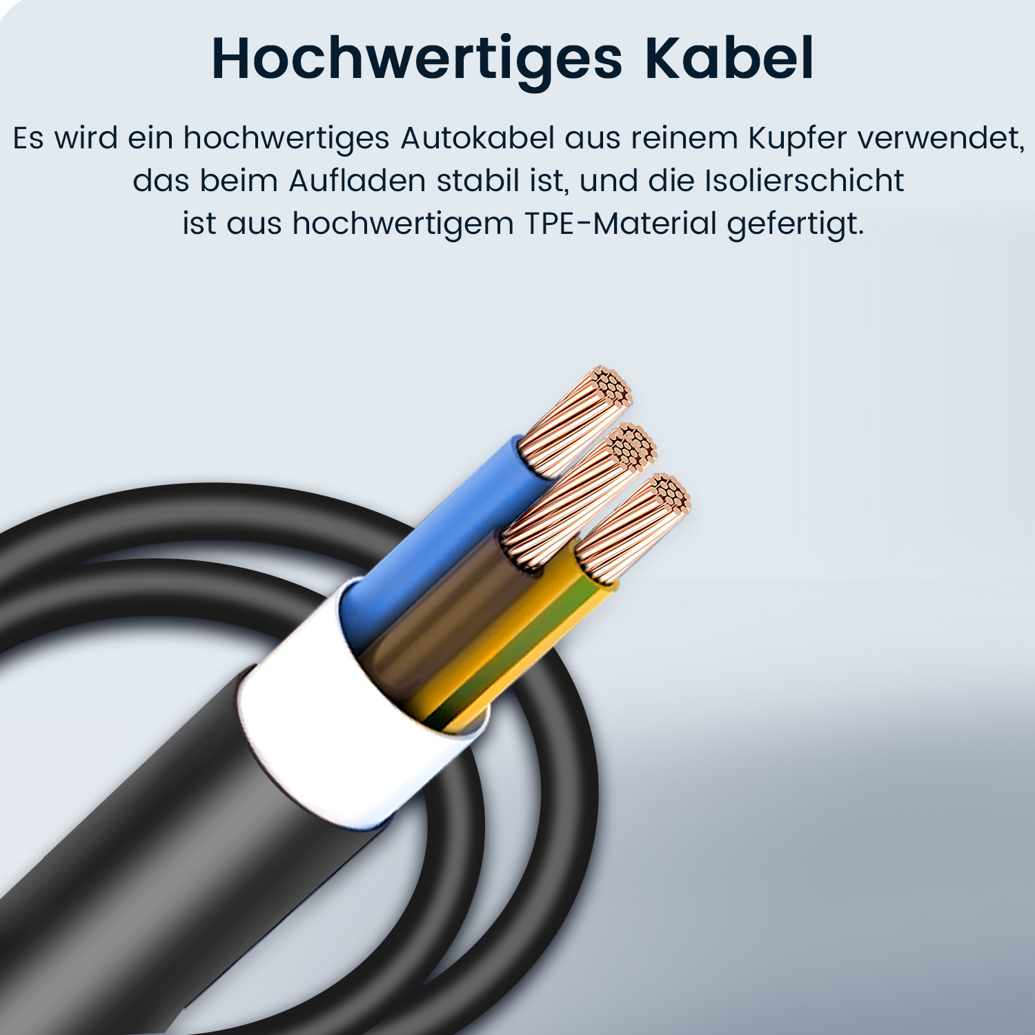 Czarny kabel z odsłoniętymi niebieskimi, żółtymi i brązowymi przewodami. Tekst wskazuje na wysoką jakość kabla.