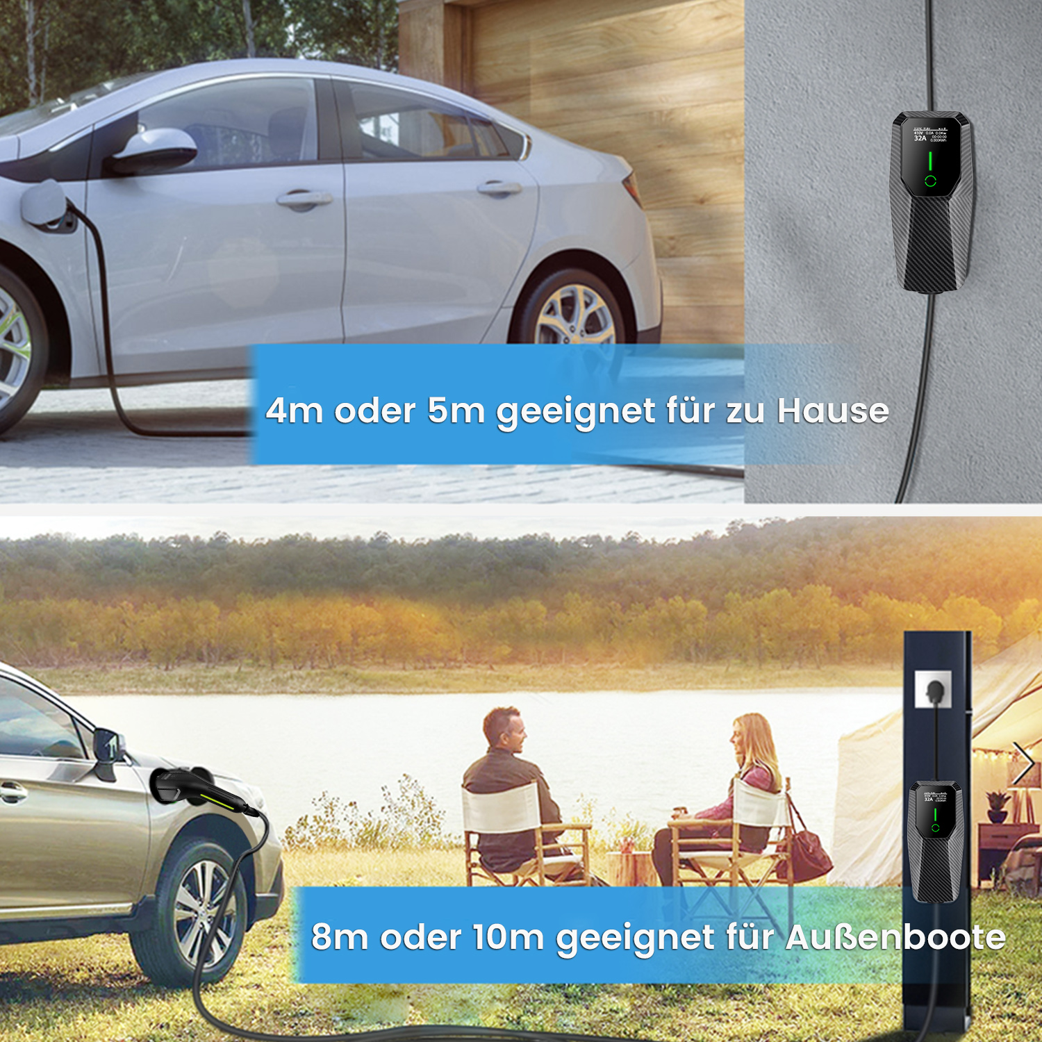 Obrazy przedstawiające stacje ładowania pojazdów elektrycznych. Jedna wewnątrz, druga na zewnątrz, z samochodami.