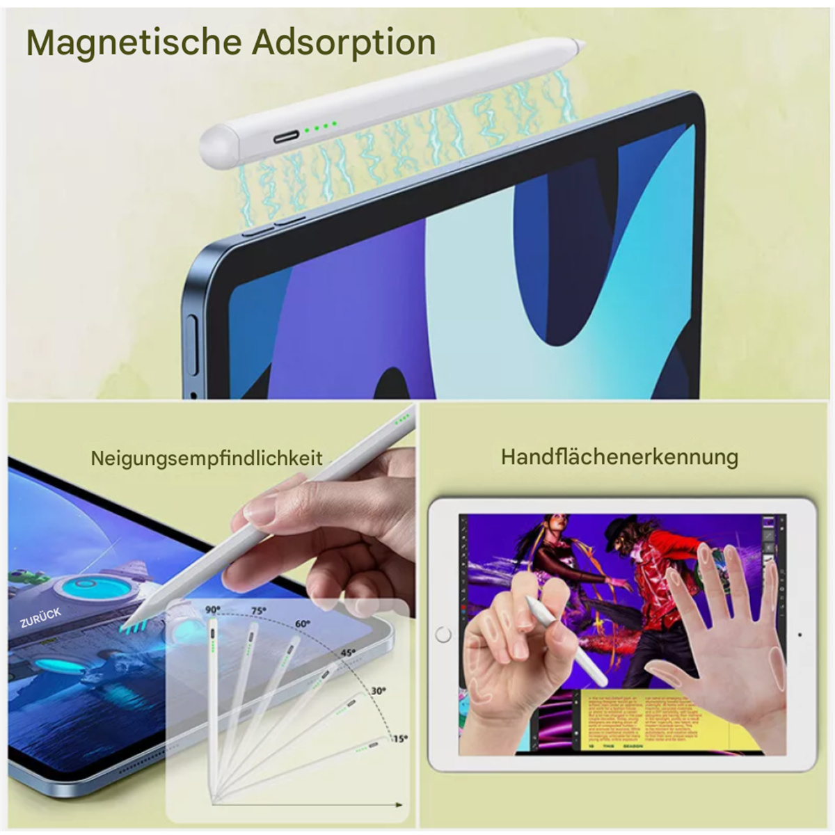 Bilder, die einen Stift mit magnetischer Adsorption, Winkelempfindlichkeit und Handflächenerkennungsfunktionen zeigen.