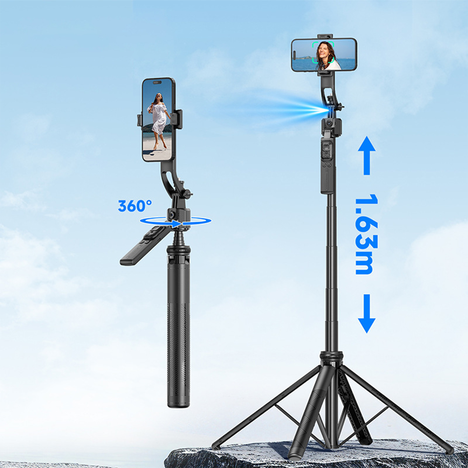 Schwarzer Selfie-Stick ausgefahren mit befestigtem Telefon. Zeigt Drehung und Höhe.