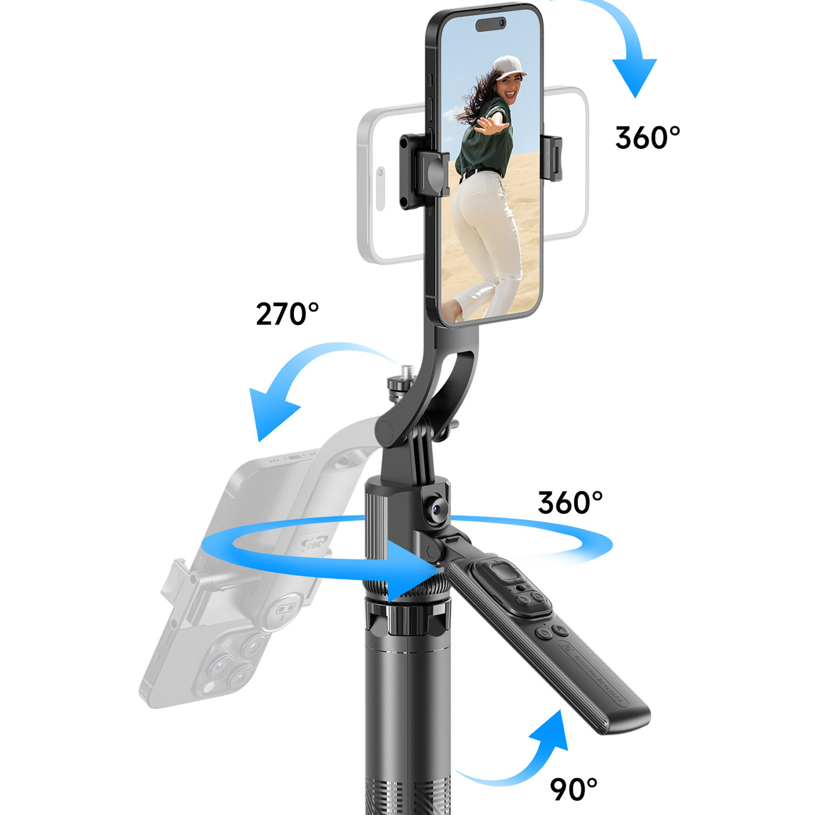 Schwarzes Stativ mit Telefon, dreht sich mit Pfeilen, die 360, 270 und 90 Grad anzeigen.
