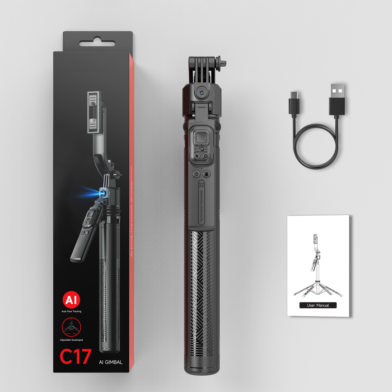 AI-Gimbal mit Stativ und anderem Zubehör in einer schwarzen Box mit Benutzerhandbuch.