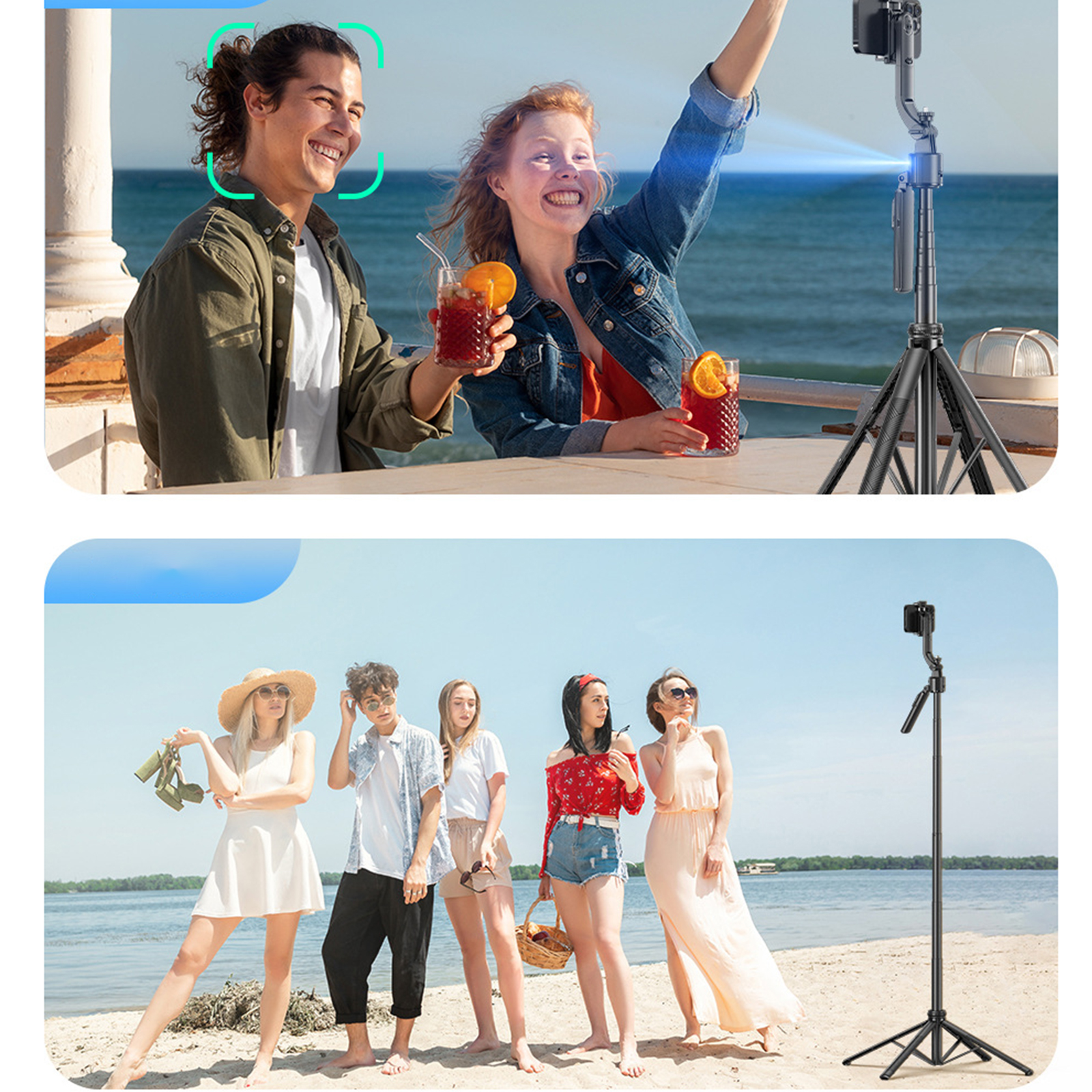 Personen, die mit einem Selfie-Stick fotografieren. Ein Paar und eine Fünfergruppe.