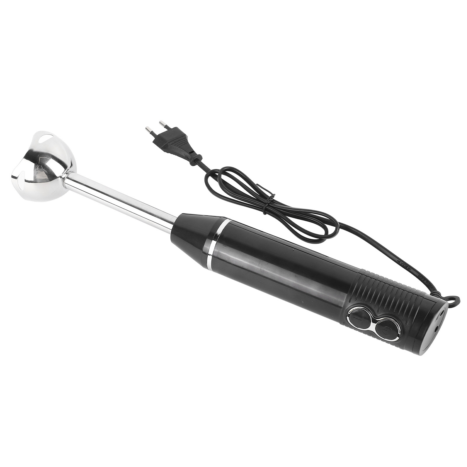 Ein schwarzer Stabmixer mit Edelstahlklinge und Netzkabel.