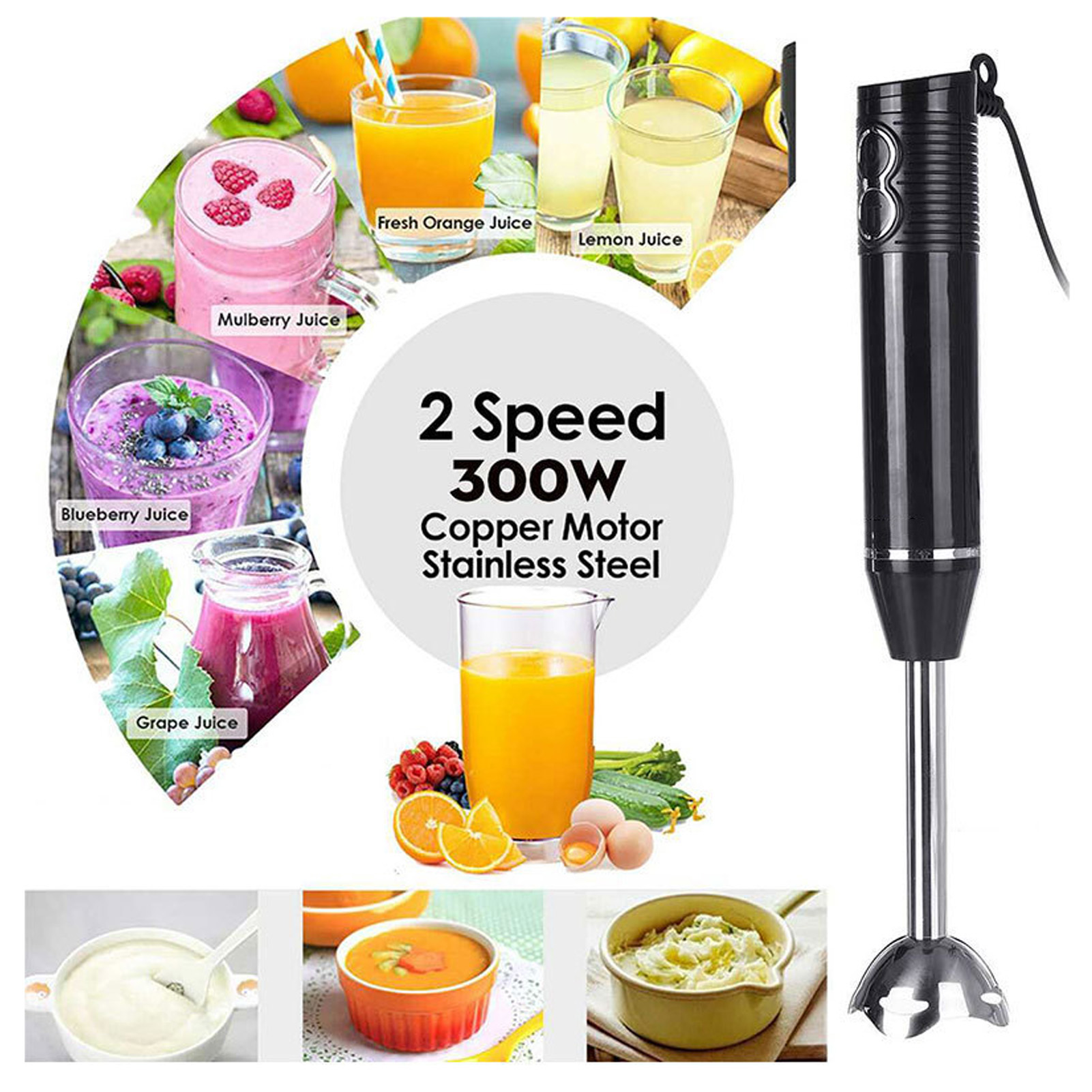 Handlicher Mixer mit Saftproben, Zutaten und einer Schüssel mit Essen. Der Mixer ist schwarz.