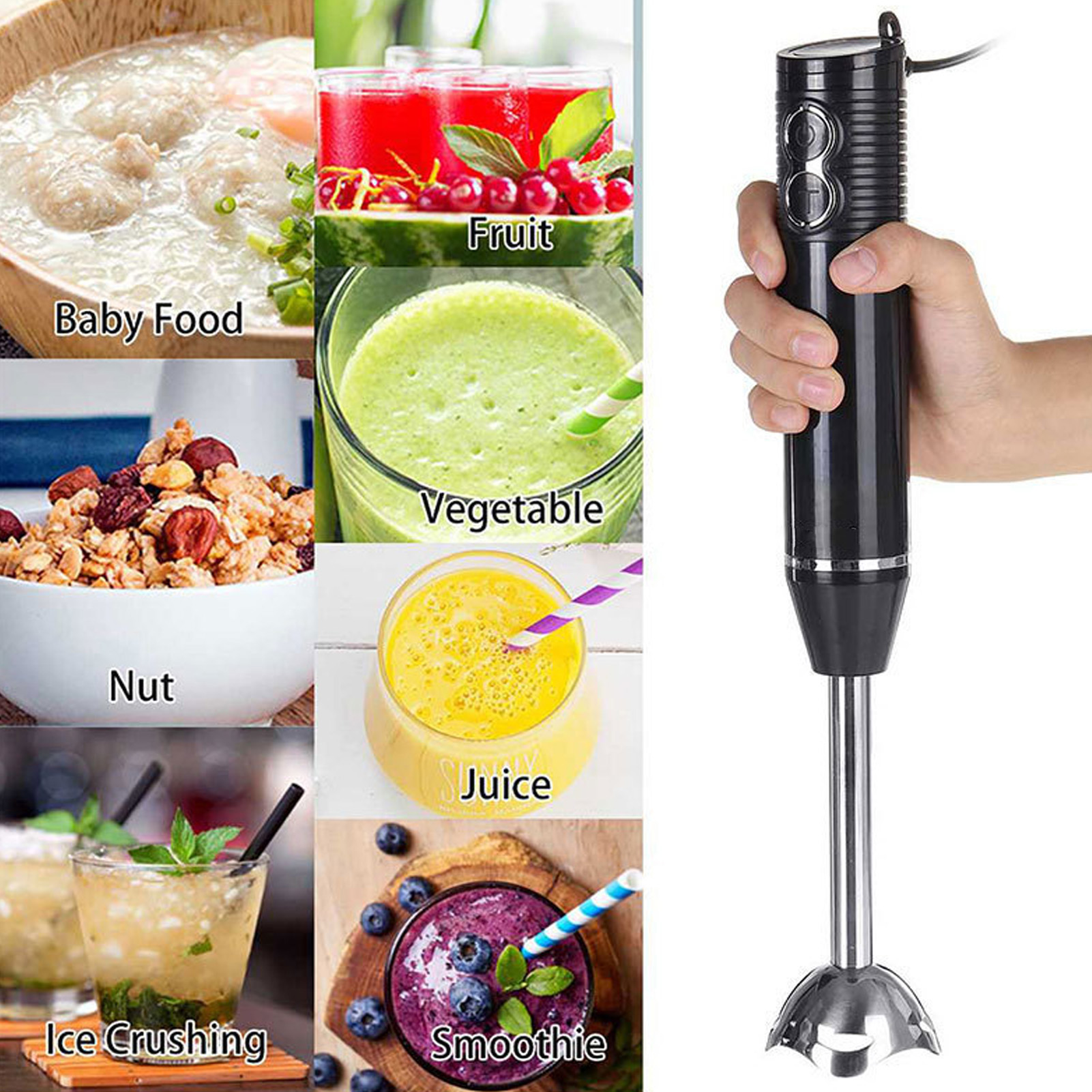 Schwarzer Handmixer mit verschiedenen Lebensmittelbildern: Babynahrung, Obst, Gemüse, Nüsse, Saft, Smoothies.