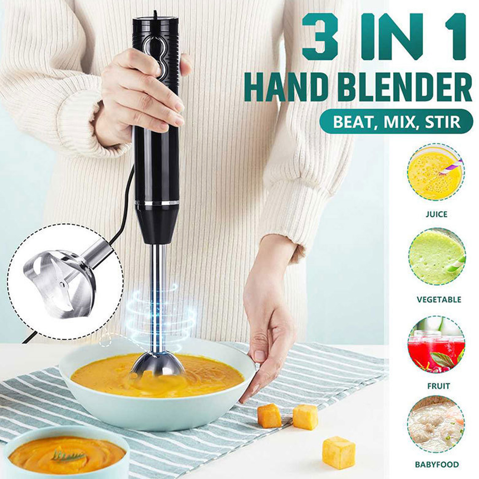 Ein Stabmixer mit einer Schüssel Suppe, Saft, Gemüse und Babynahrungsproben.