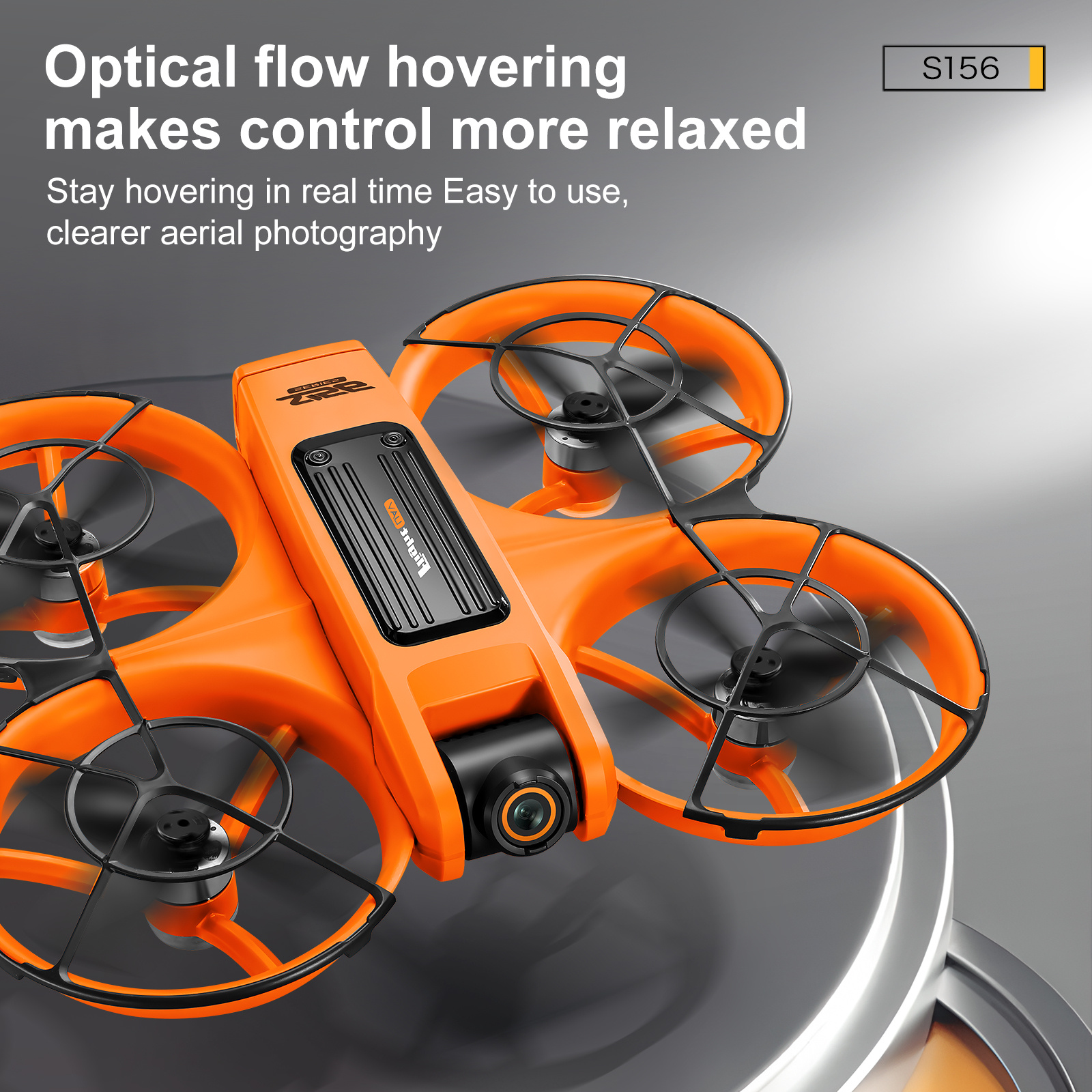Orangefarbene Drohne mit vier Propellern. Text besagt, dass das Schweben mit optischem Fluss die Steuerung entspannt.