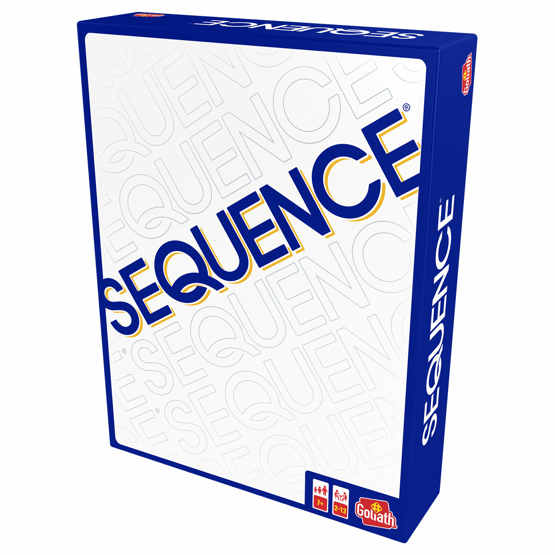 Pudełko gry Sequence. Z przodu tytuł, logo i reszta tekstu. Pudełko jest niebiesko-białe.