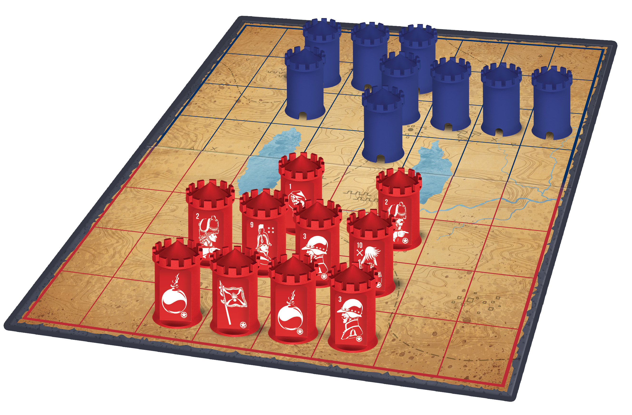 Bordspel met rode en blauwe kasteelstukken. Het spelbord heeft een raster en een kaartachtig ontwerp.