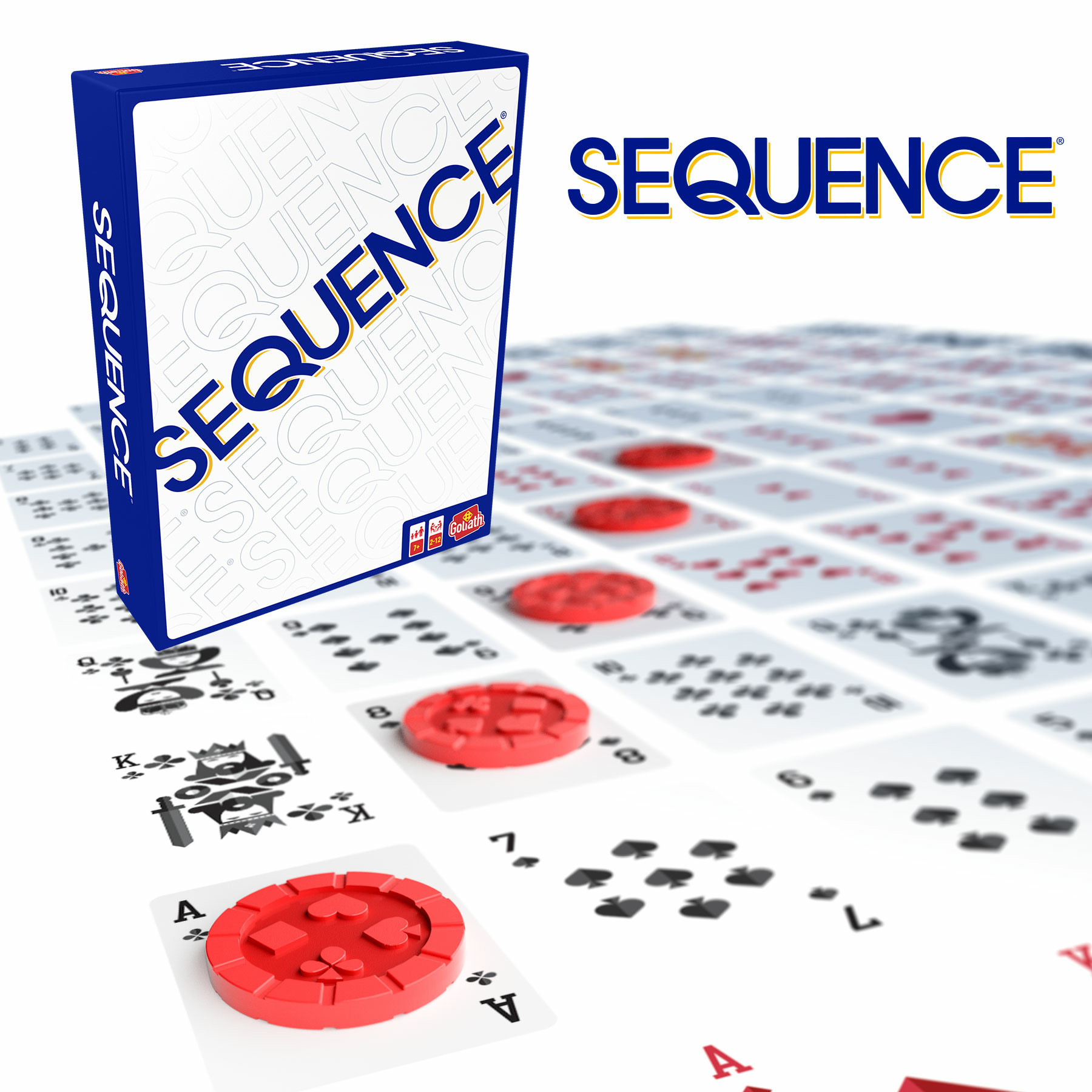 Pudełko gry planszowej Sequence i karty. Czerwone żetony na kartach. Karty rozrzucone na stole.
