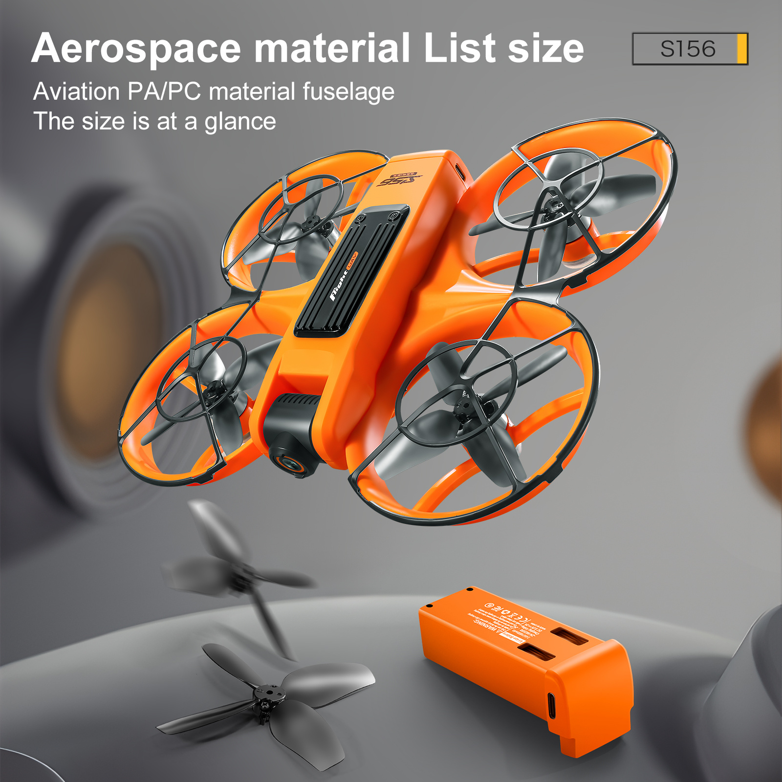 Orange Drohne mit vier Propellern und einem Akku. Drohne mit orangefarbenem Rumpf.
