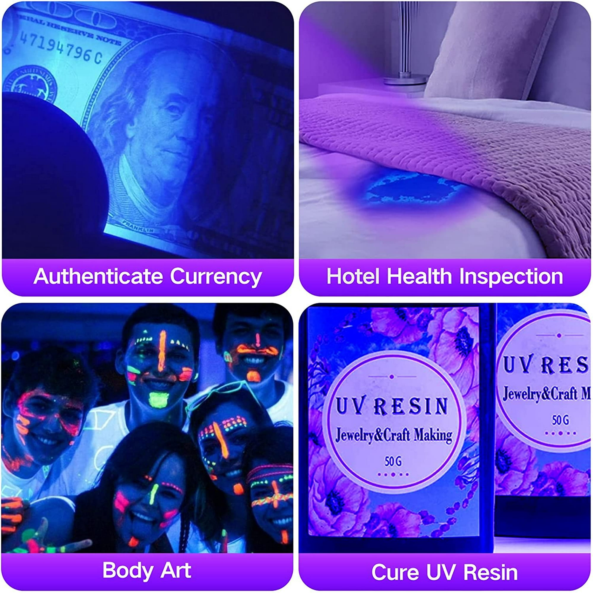Vier Bilder mit UV-Lichtanwendungen: Geld, Hotel, Körperkunst und Harz.