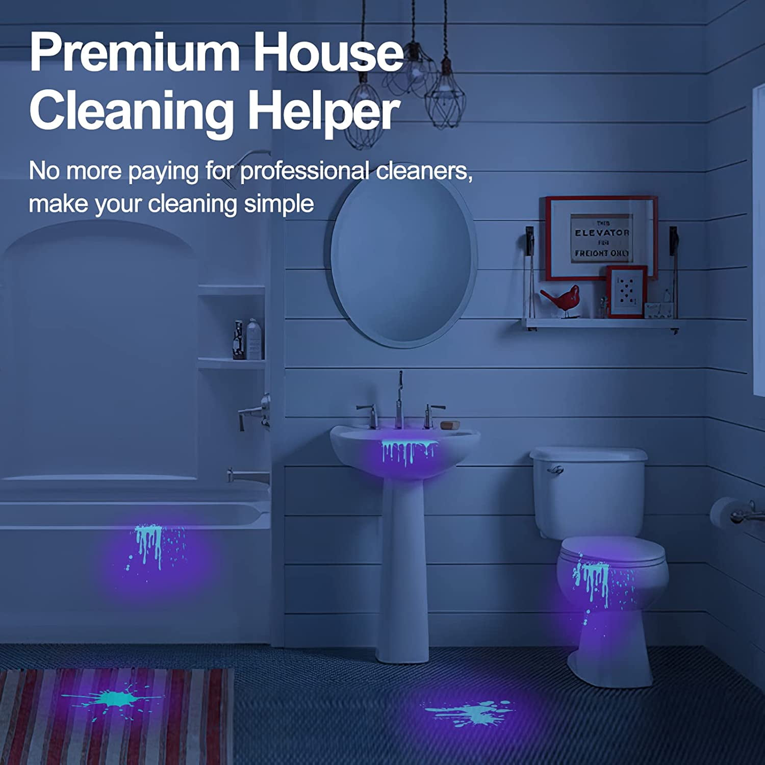 Badezimmer mit UV-Licht, das Reinigungsstellen auf Boden und Armaturen zeigt, Text-Overlay.