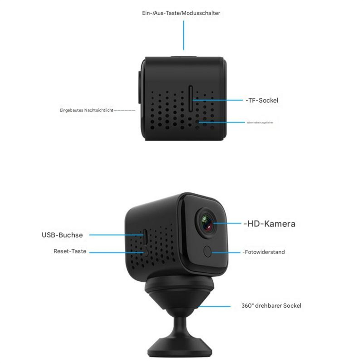 Schwarze Überwachungskamera mit Beschriftungen und 360-Grad-Drehbasis.