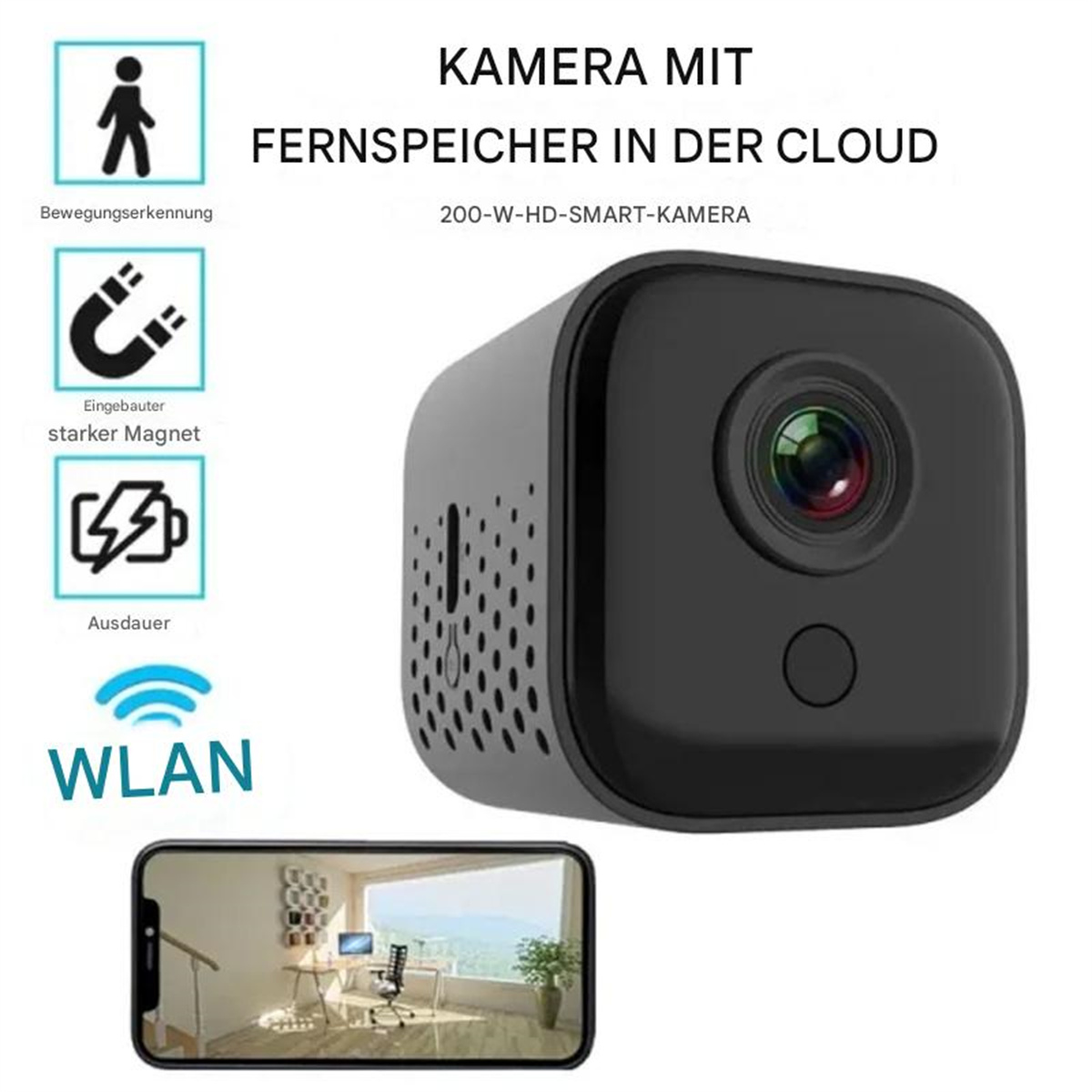 Schwarze Überwachungskamera mit Text und Symbolen, ein Smartphone zeigt die Kameraansicht.