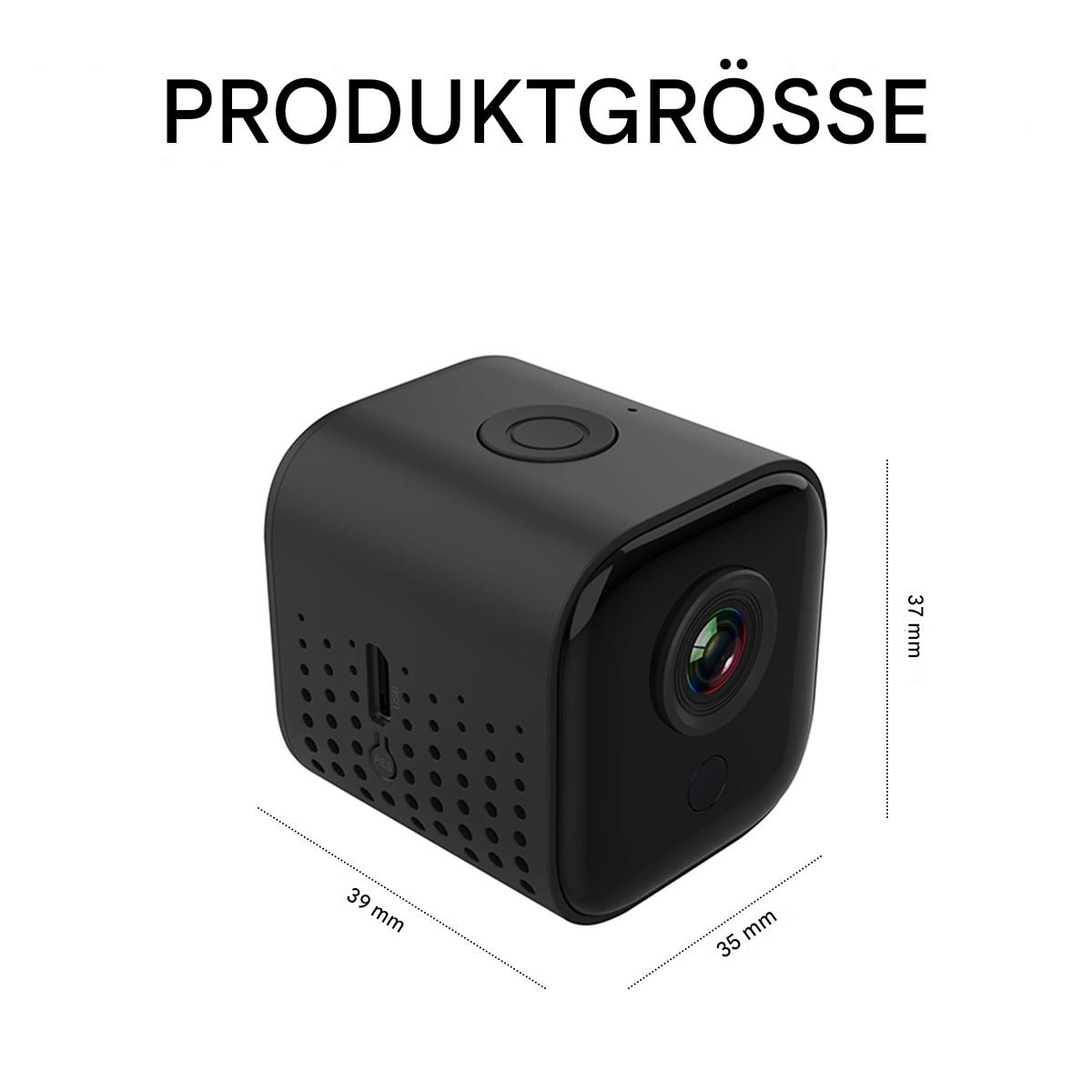 Schwarze Mini-Kamera, Abmessungen angegeben. Sie hat ein Objektiv und einen Knopf oben.