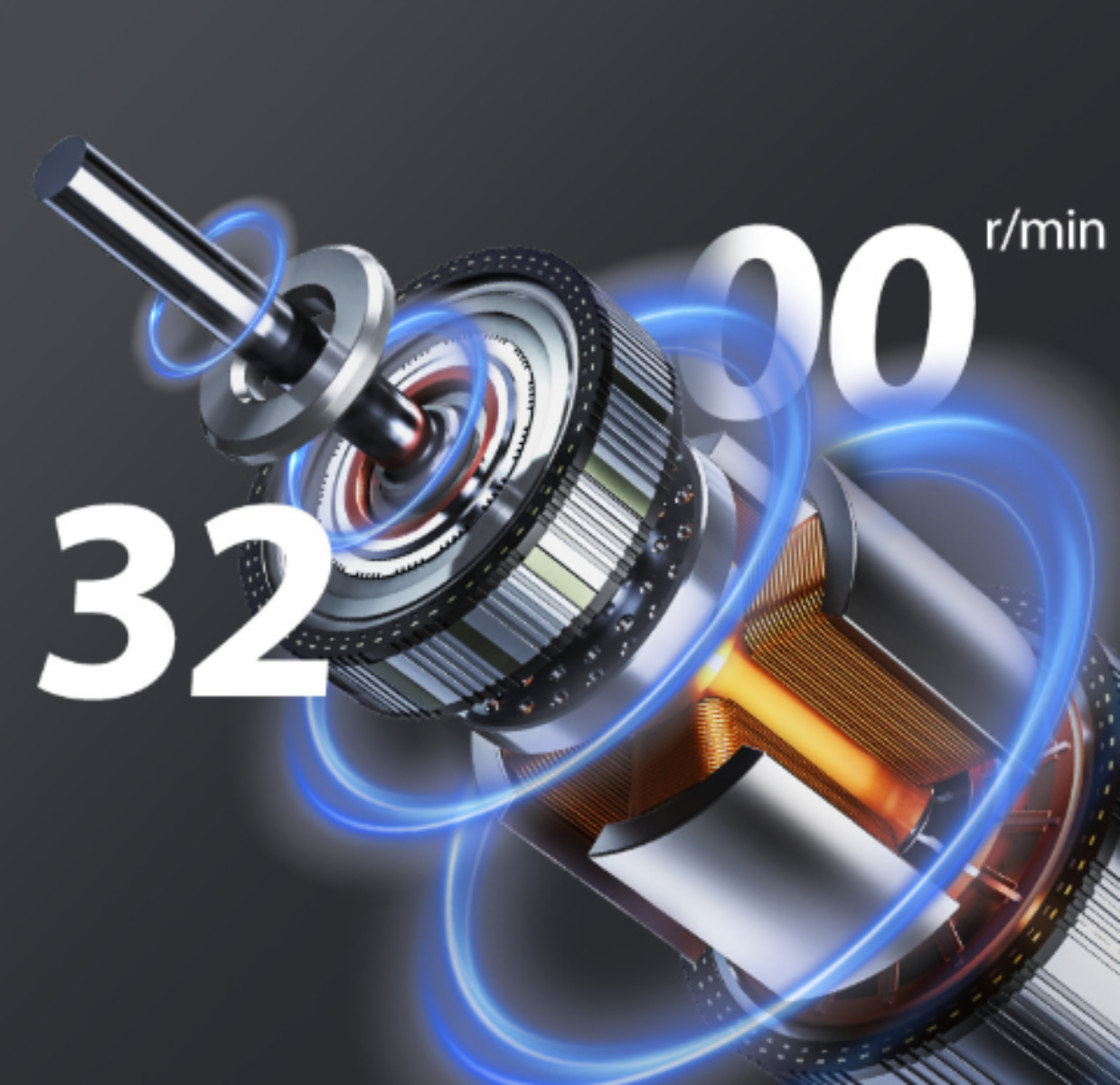 Nahaufnahme der Innereien eines Motors, die sich drehenden Elemente und Geschwindigkeitsanzeigen zeigen.
