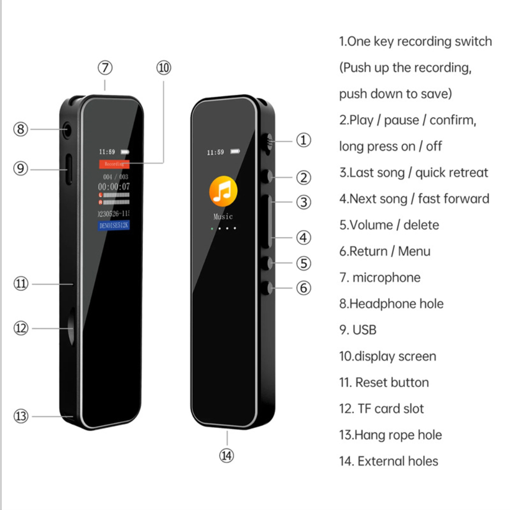Ein schwarzes digitales Sprachaufnahmegerät mit Tasten und einem Display.