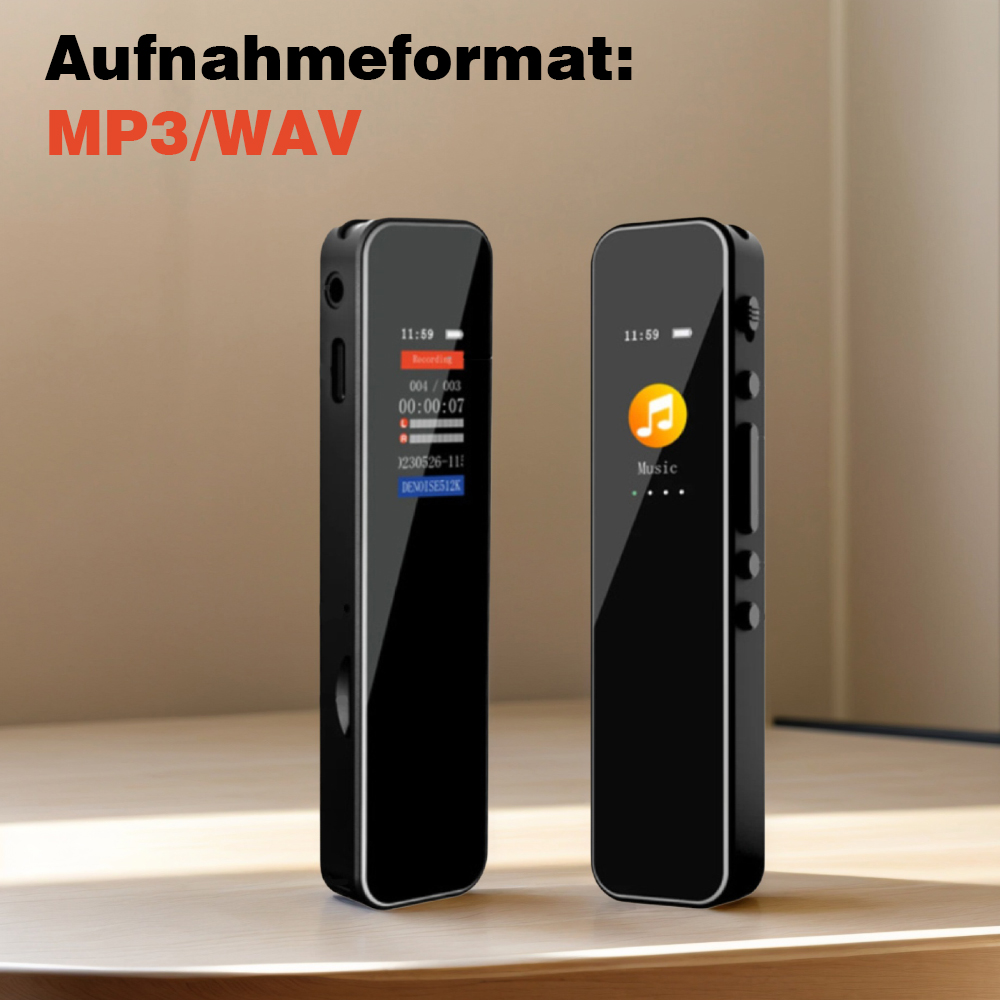 Zwei schwarze digitale Audiorekorder mit Bildschirmen auf einem Tisch. Text MP3/WAV.