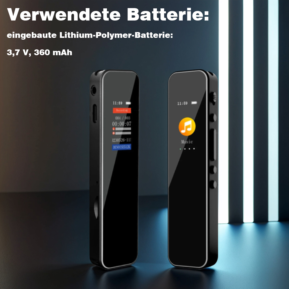 Zwei schwarze MP3-Player mit Bildschirmen, einer zeigt die Uhrzeit, der andere Musikinfos.