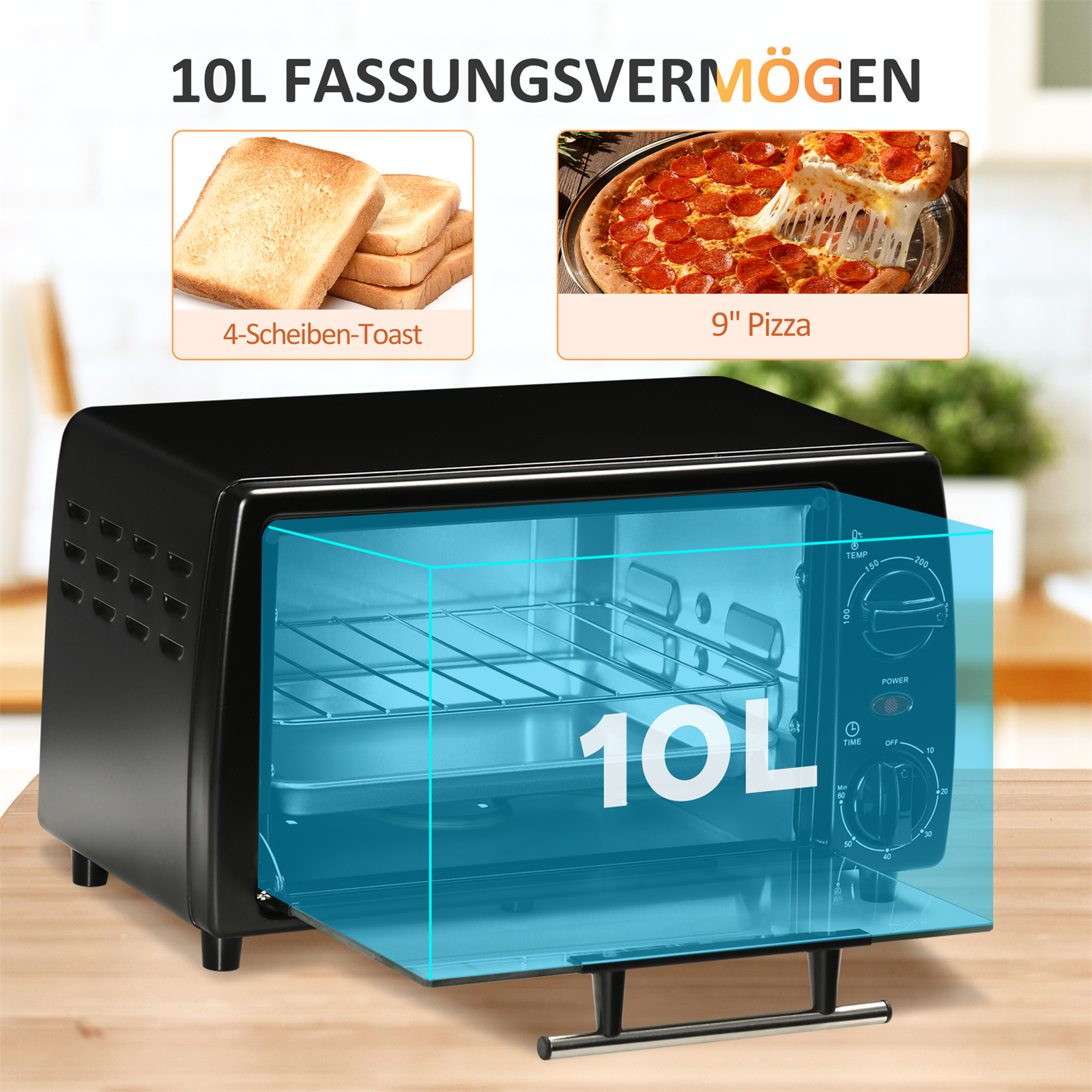 Ein schwarzer Toaster-Ofen mit einer durchsichtigen Tür. Bilder von Toast und Pizza sind abgebildet, und die Kapazität beträgt 10L.