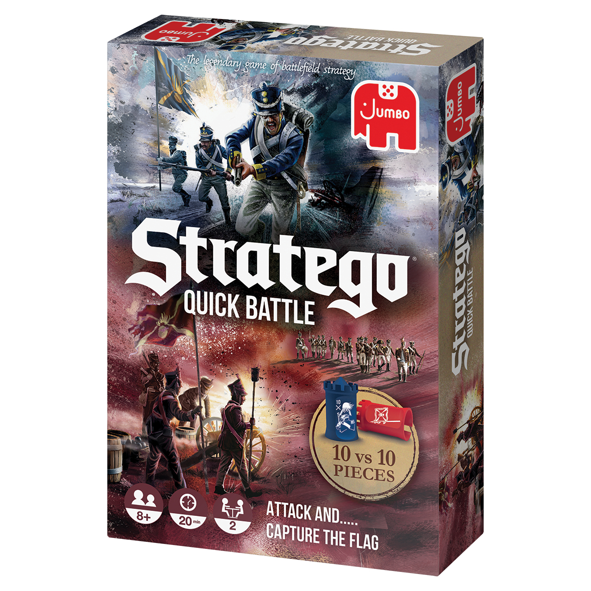Caja de juego de mesa con una escena de batalla con soldados, una fortaleza y una bandera.