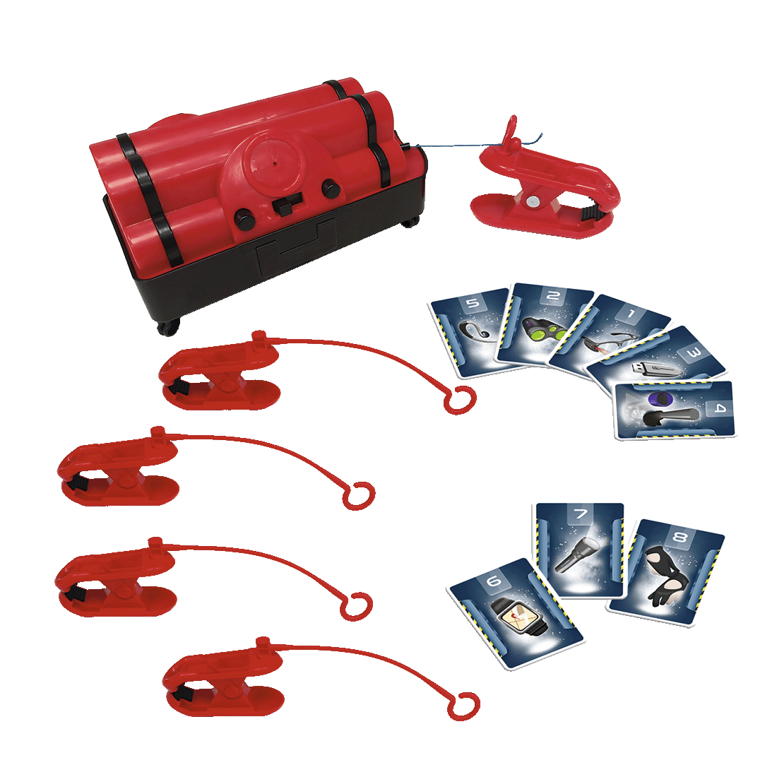 Gra z czerwonym detonatorem z kartami i zabawką dynamitu.