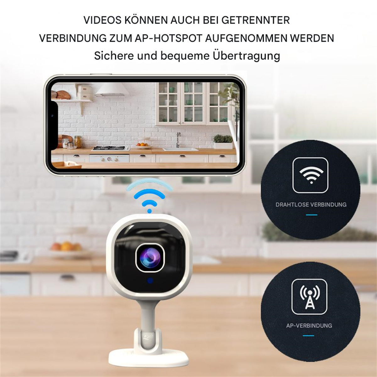 Kamera mit Telefonbildschirm, der eine Küche zeigt. Zwei Kreise mit WLAN-Symbol.