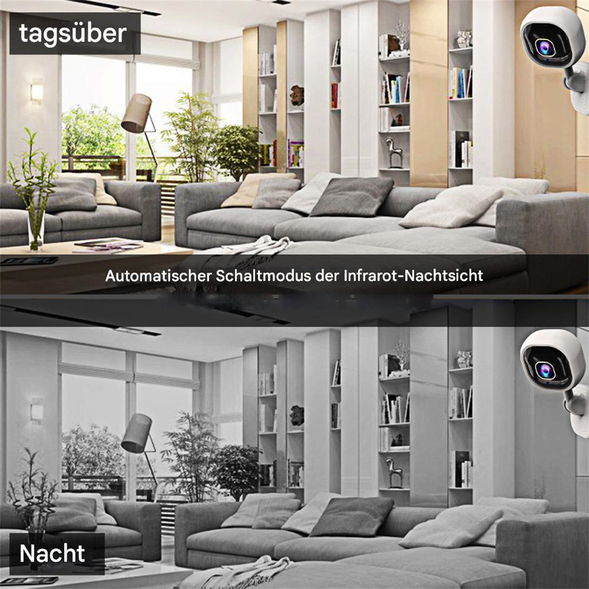 Wohnzimmerszene: Tag- und Nachtansichten, mit Überwachungskamera.