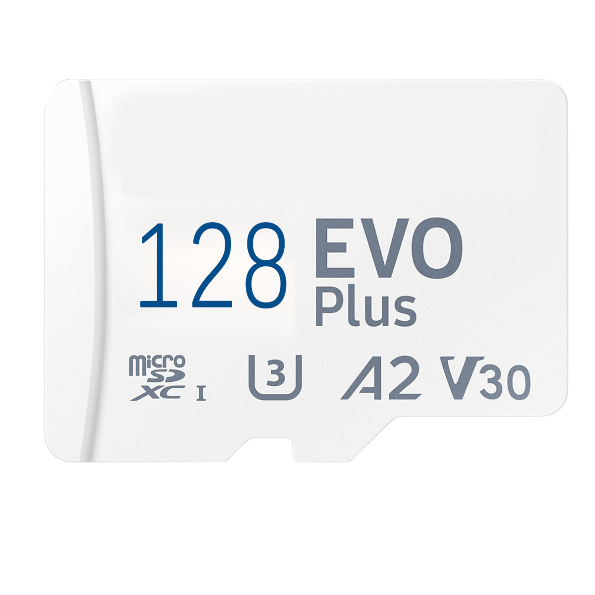 Weiße Micro-SD-Karte mit Text '128 EVO Plus' und technischen Details.