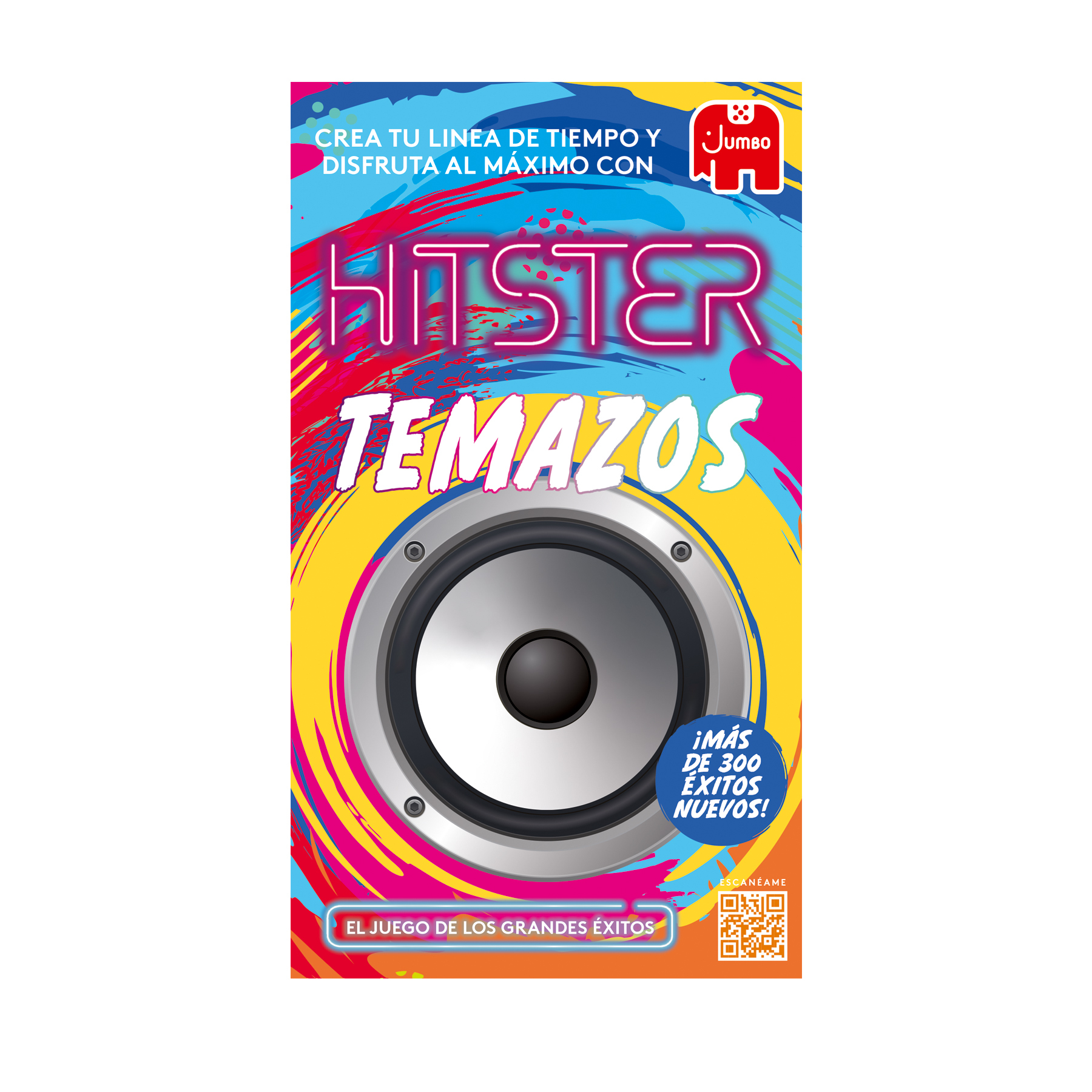 Una caja de juego colorida con una imagen de altavoz, texto y el logo de Jumbo.