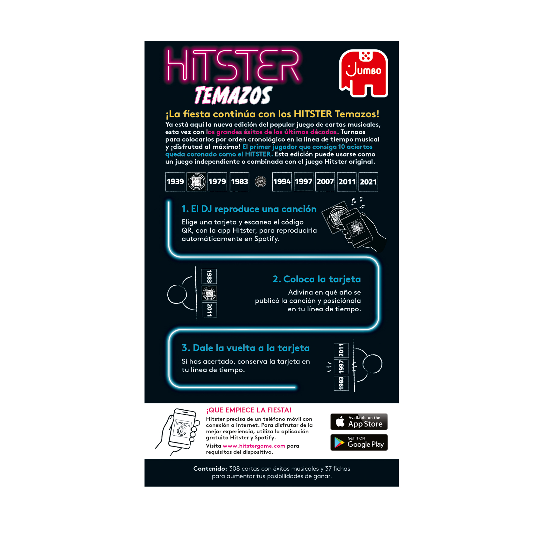 Caja del juego de cartas Hitster. Instrucciones en la caja negra con el logo de Jumbo.