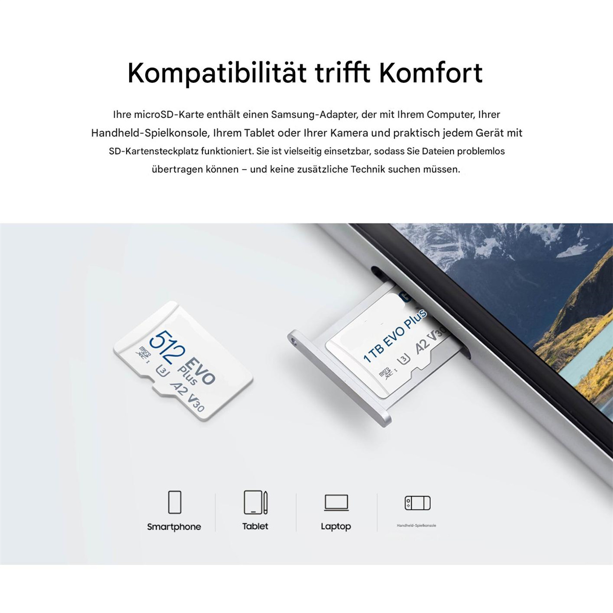 MicroSD-Karte mit Adapter neben Smartphone-, Tablet- und Laptop-Symbolen.