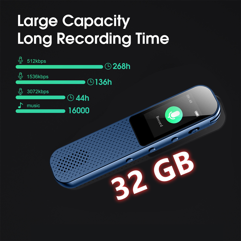 Blauer Sprachrekorder mit Bildschirm. Text: große Kapazität, lange Aufnahmezeit und 32 GB. Grafiken zeigen Aufnahmezeiten.