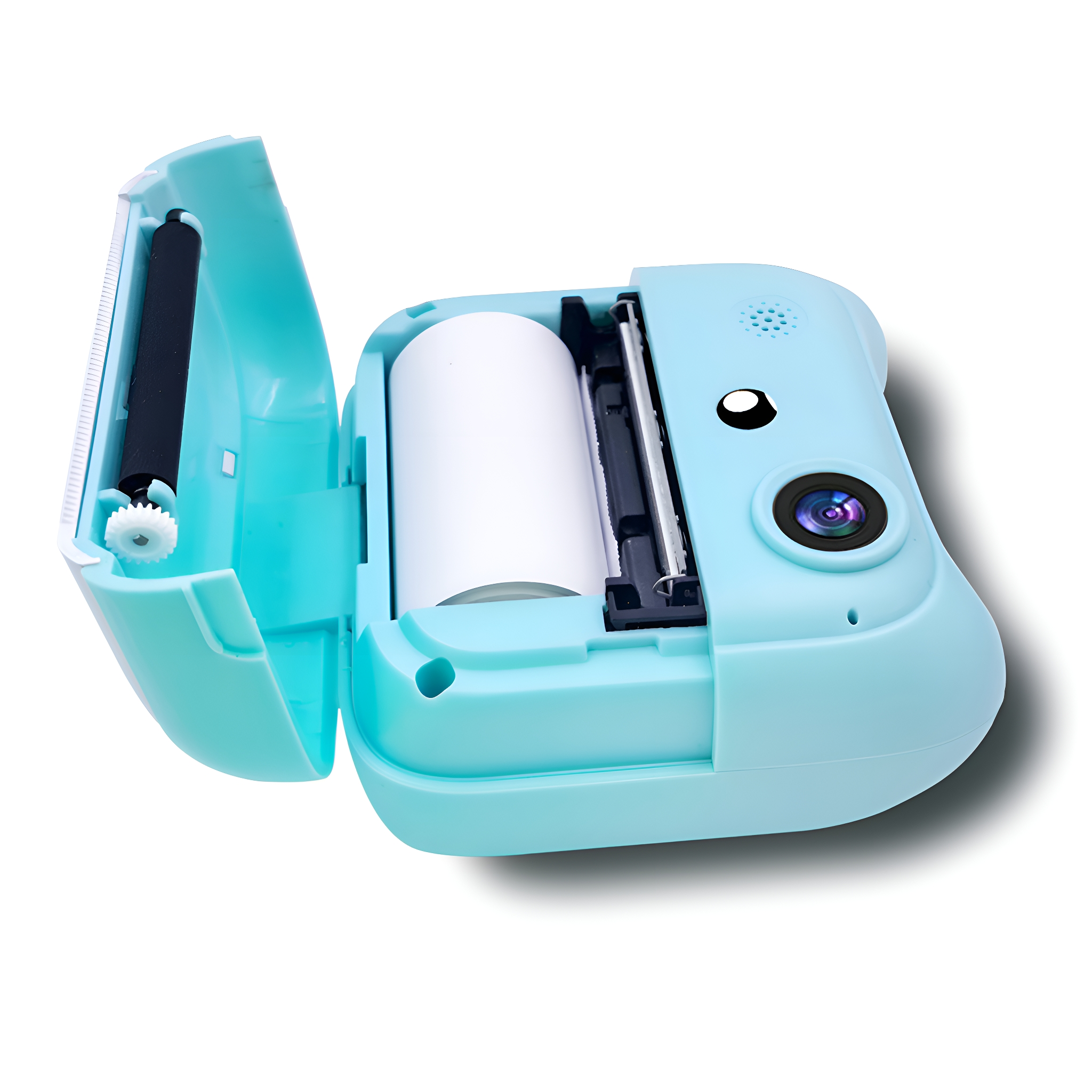 Hellblauer Mini-Fotodrucker offen, mit Papier, auf weißem Hintergrund.