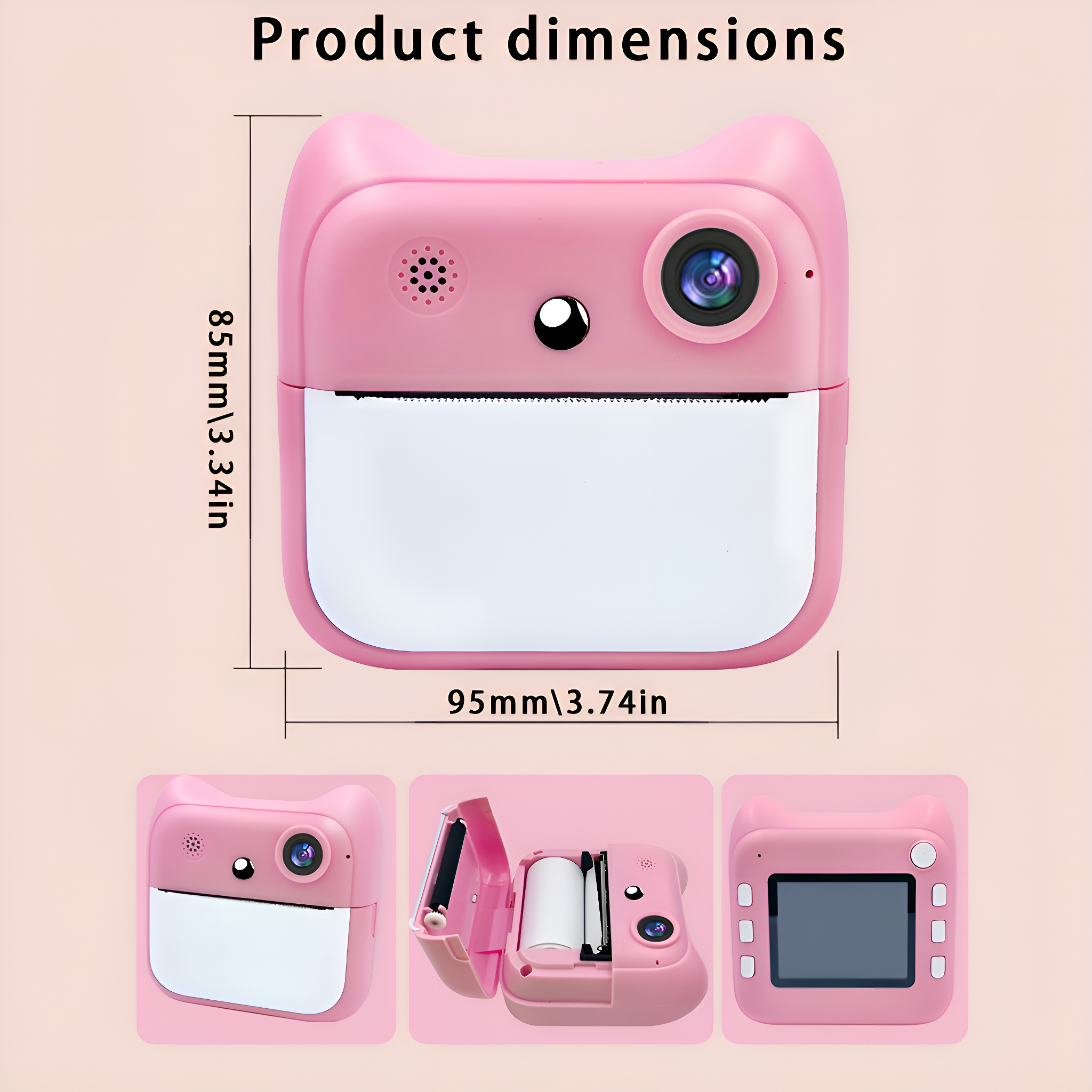 Rosa Kamera mit Abmessungen und Illustrationen. Text: Produktabmessungen, 85 mm, 95 mm. Drei Kameraansichten.
