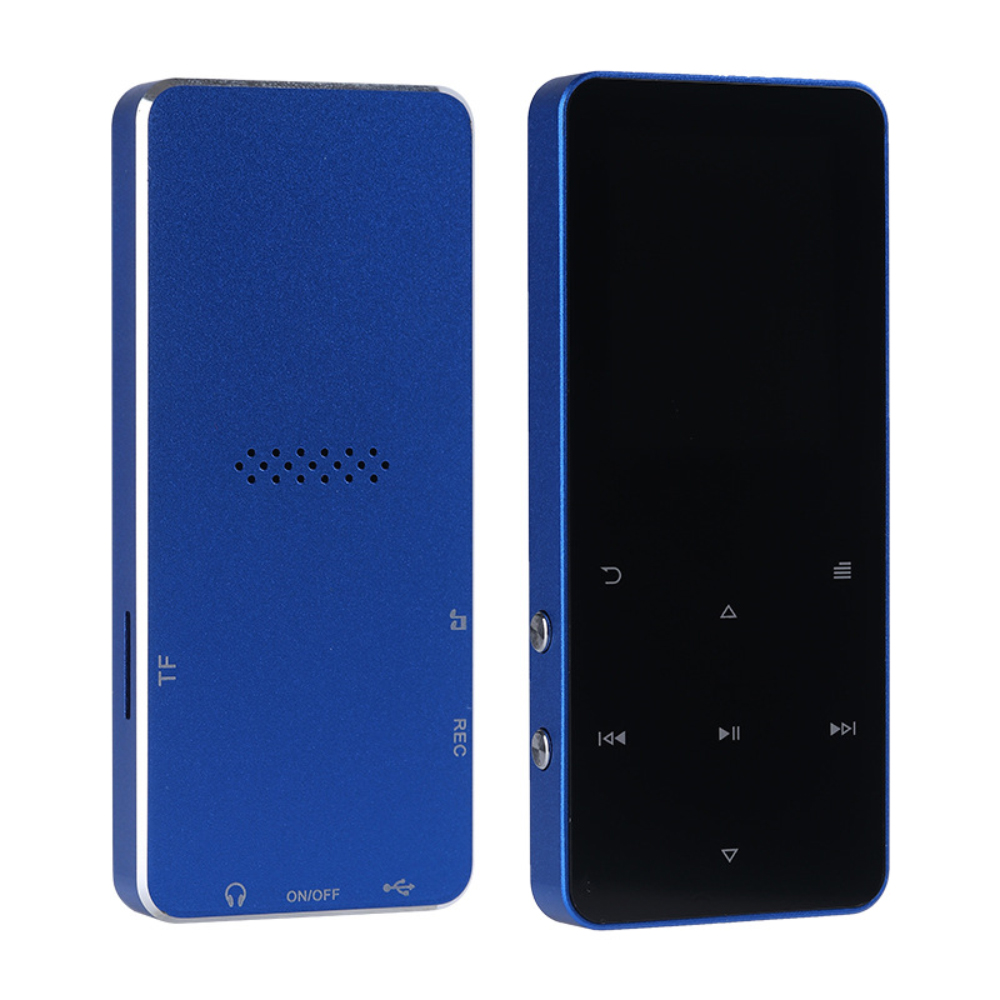 Blauer MP3-Player mit schwarzem Bildschirm, Knöpfen und weißem Hintergrund.