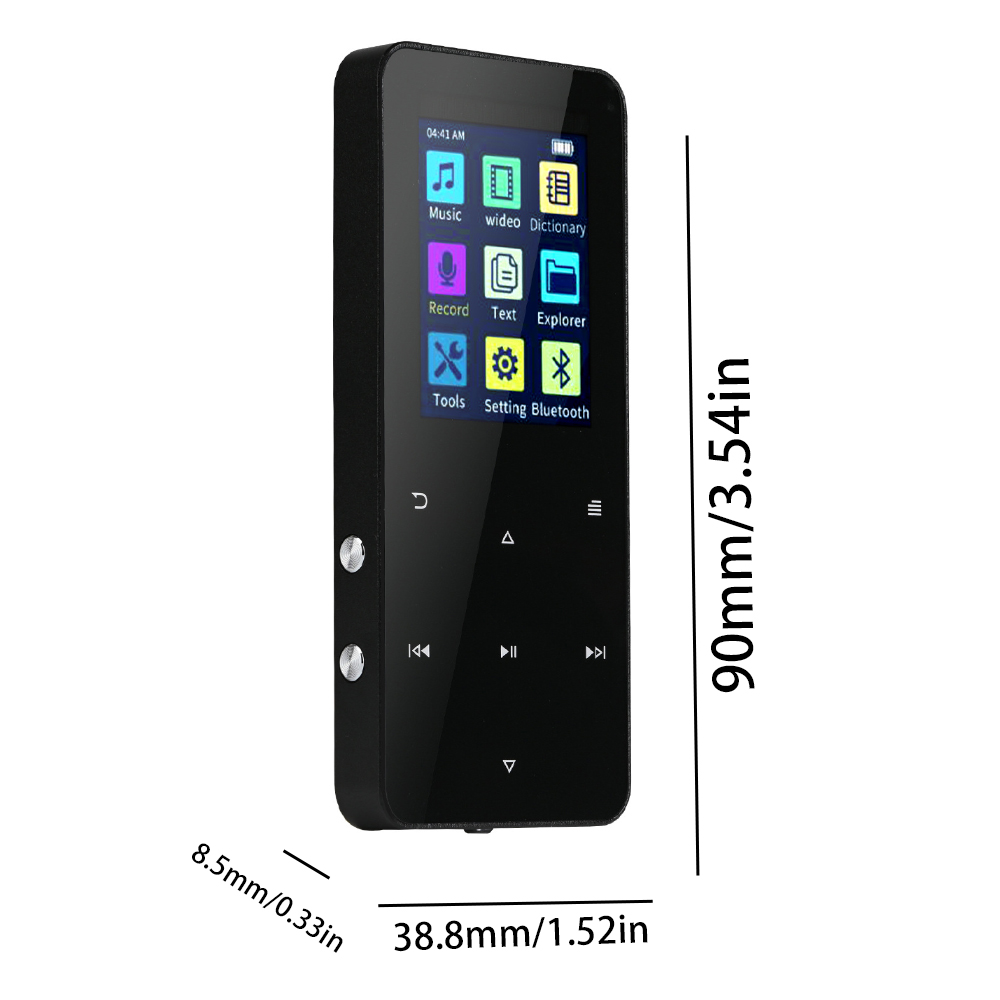 Schwarzer digitaler Musikplayer mit Bildschirm, der Symbole anzeigt und Abmessungen zeigt.