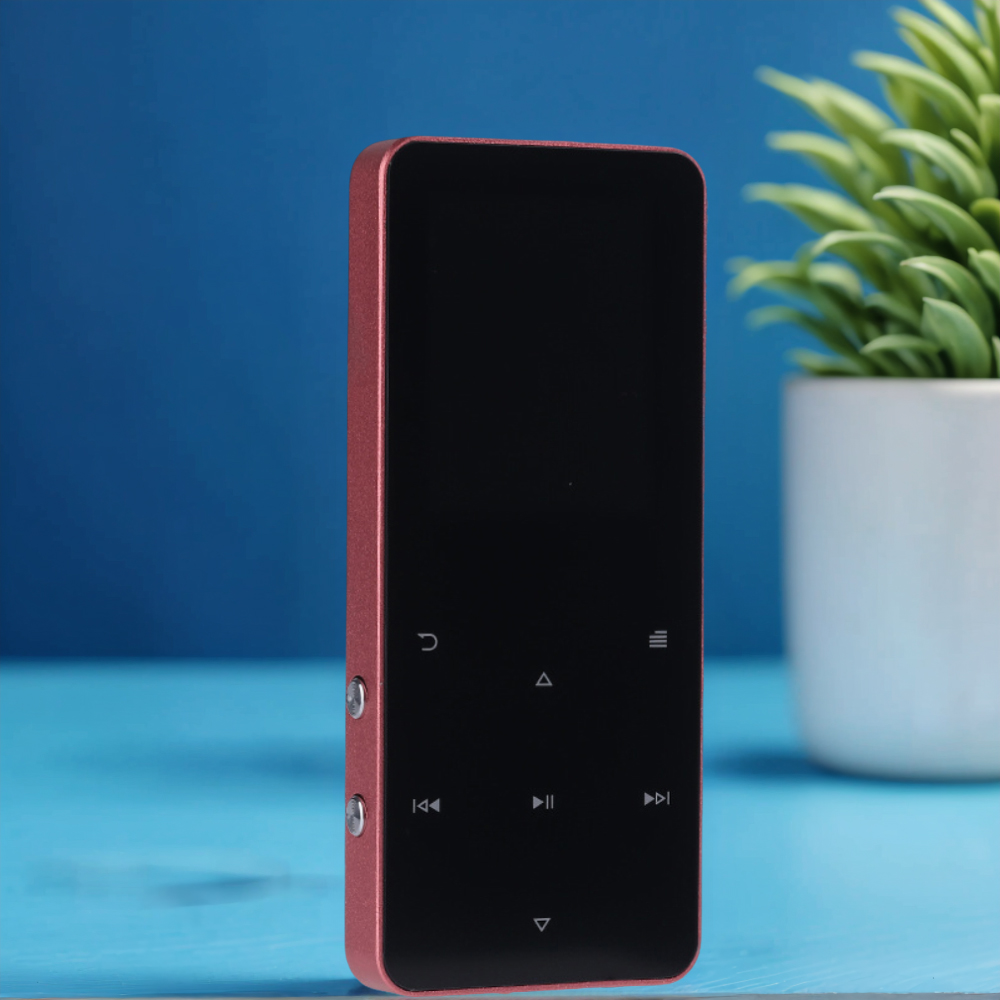 Ein roségoldener MP3-Player mit schwarzem Bildschirm und einigen Tasten, dahinter eine grüne Pflanze.