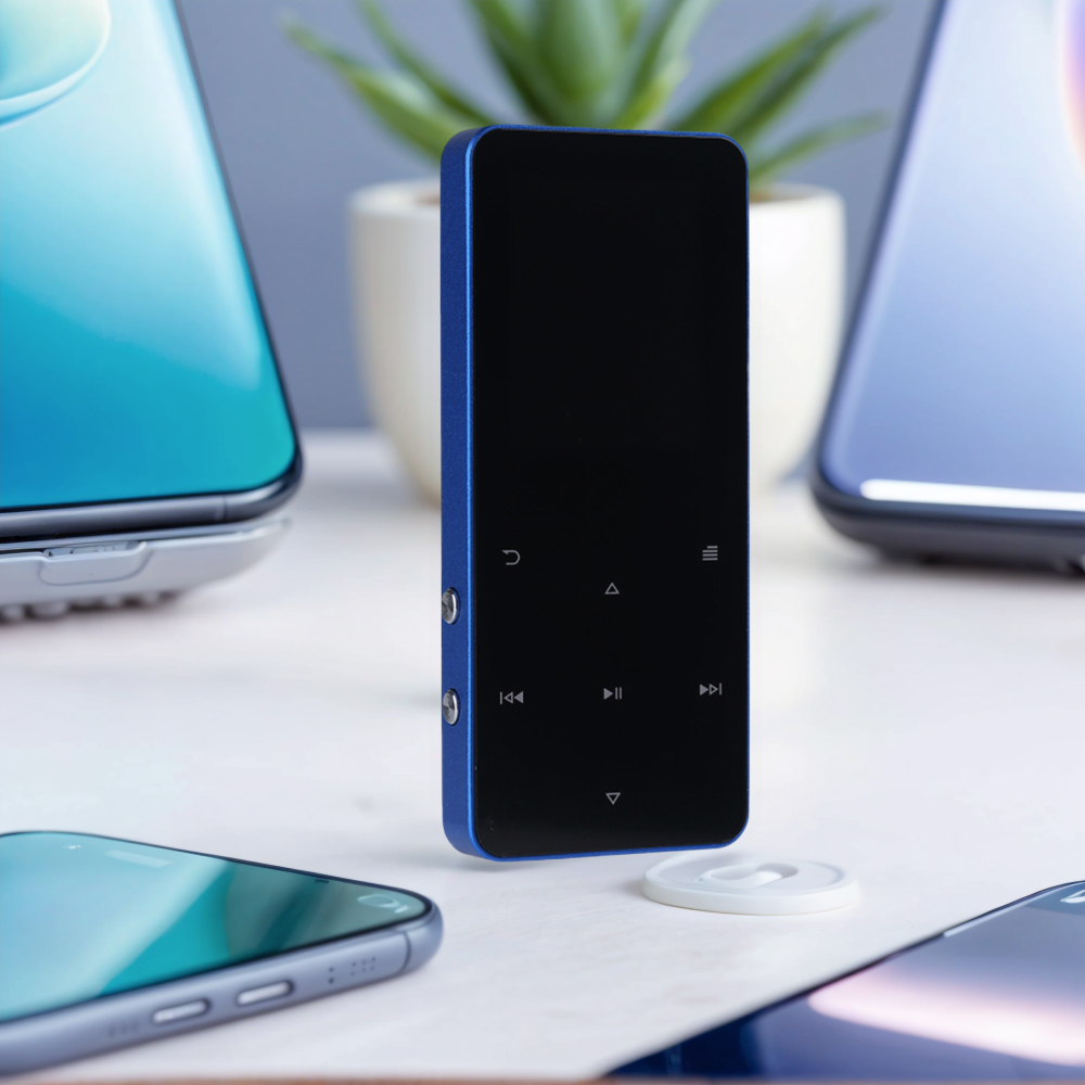 Ein blau-schwarzer MP3-Player mit Bildschirm, umgeben von Handys und Zubehör.