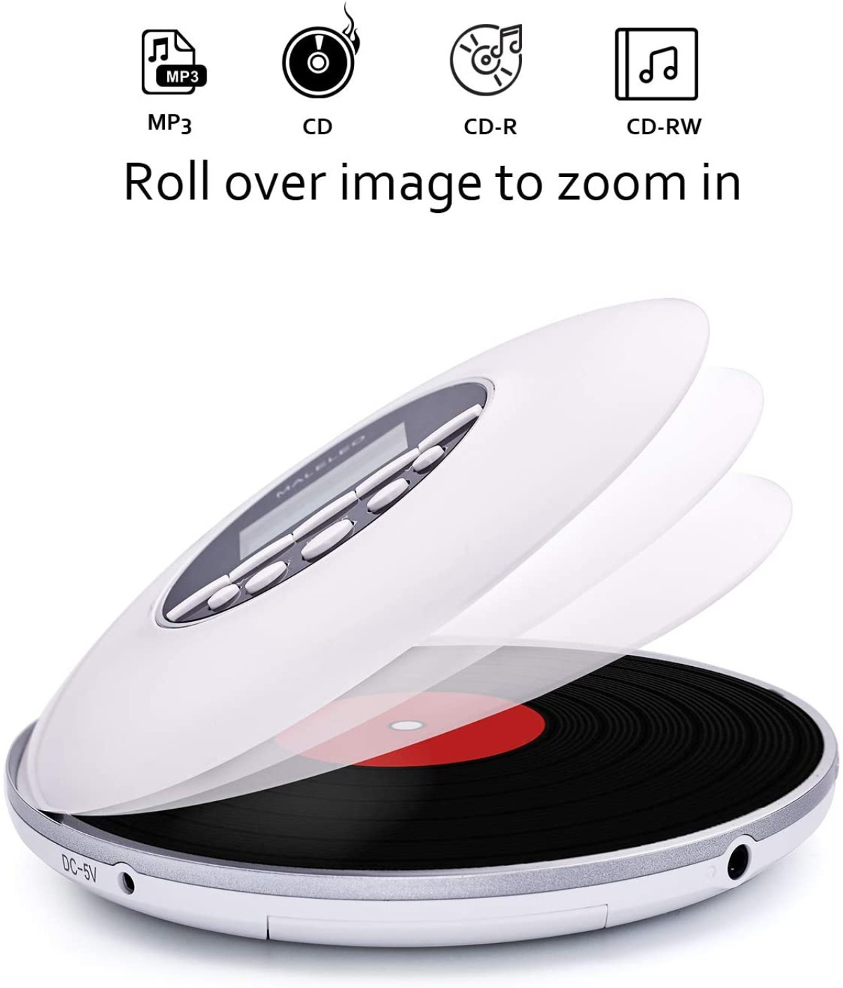 Weißer tragbarer CD-Player mit roter CD innen und Symbolen für MP3, CD, CD-R, CD-RW.