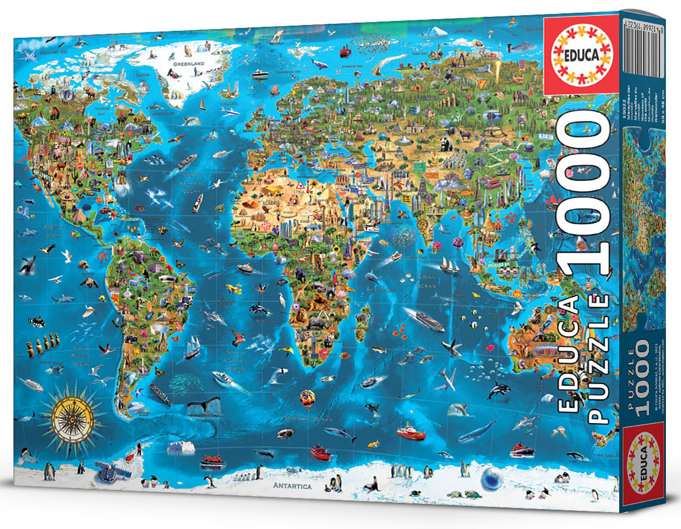 Pudełko z puzzlami. Mapa świata z kontynentami, oceanami i wieloma ilustracjami zwierząt.