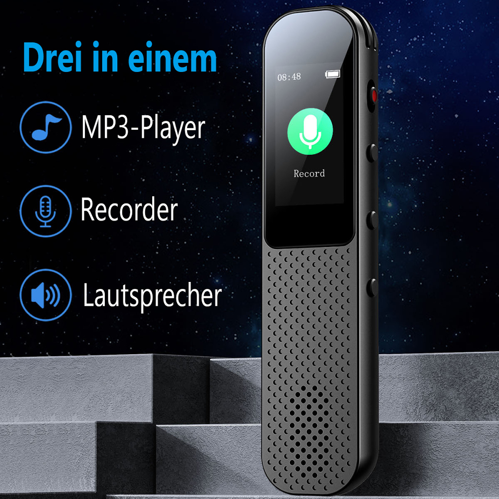 Schwarzer digitaler Sprachrekorder mit Bildschirm, Knöpfen und Mikrofonsymbol.