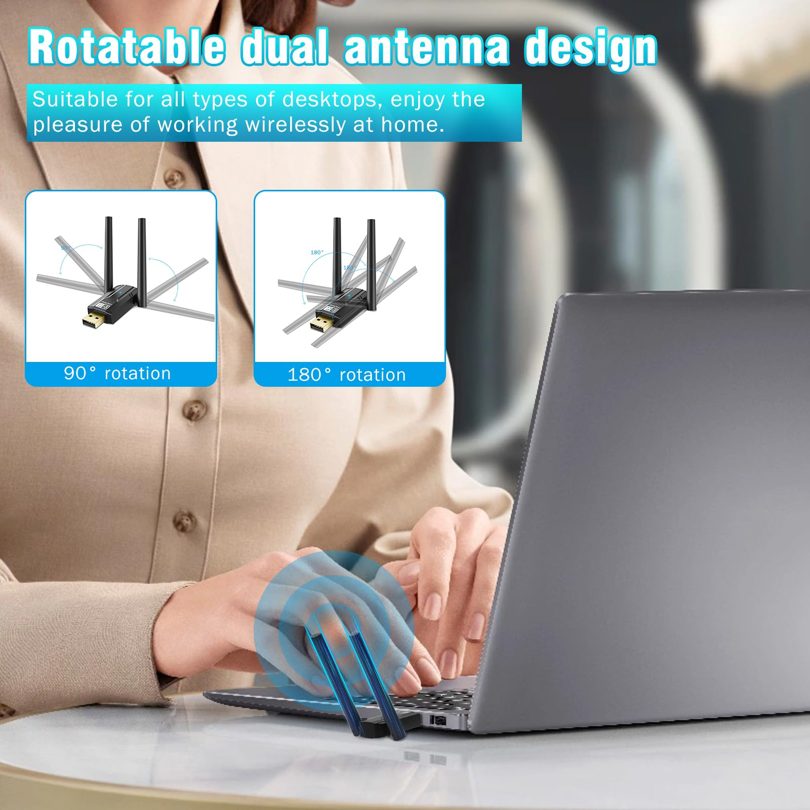 Eine Frau benutzt einen Laptop mit einem Dual-Antennen-USB-Adapter. Text beschreibt die Drehung.