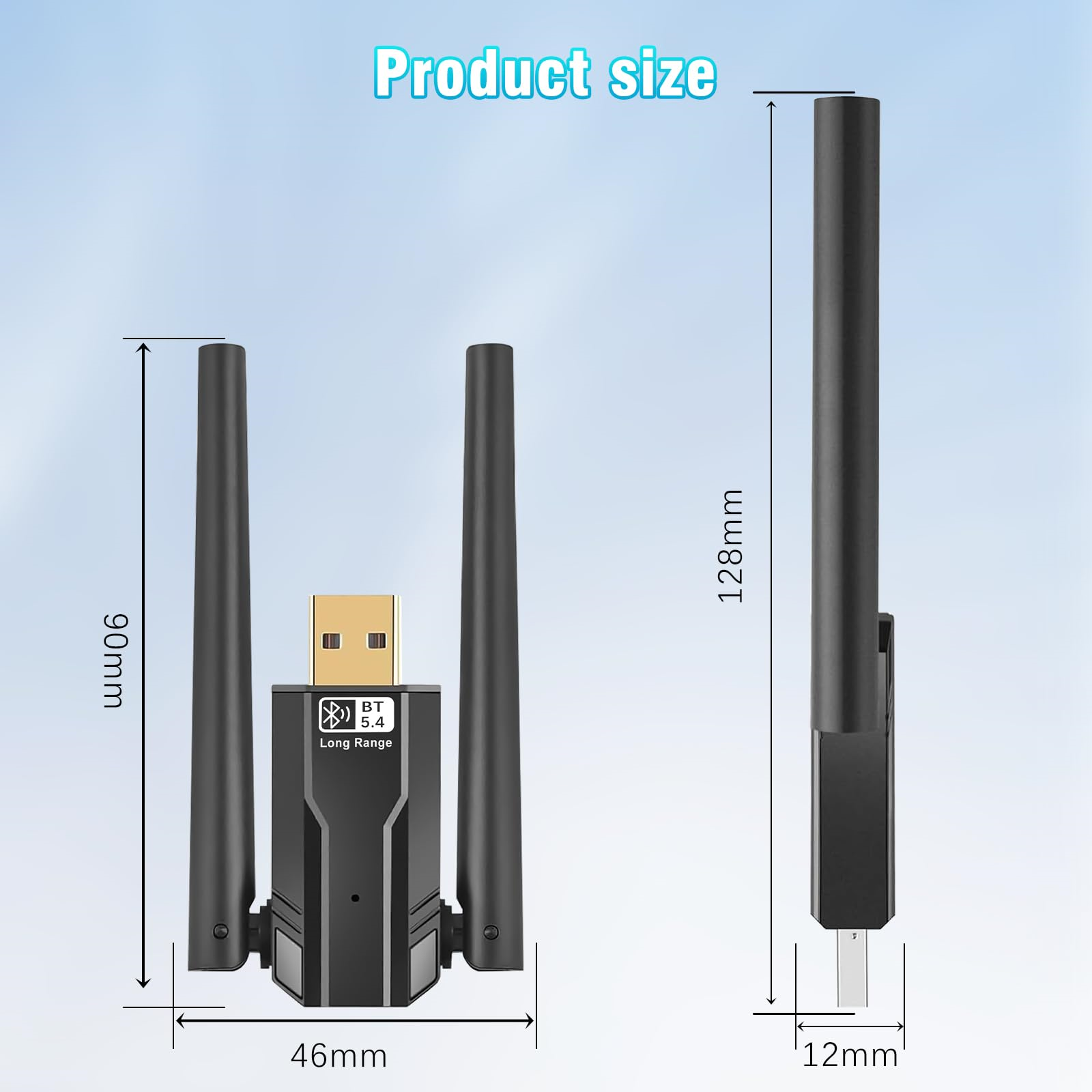 Schwarzer USB-WLAN-Adapter mit zwei Antennen. Abmessungen sind in mm angegeben.