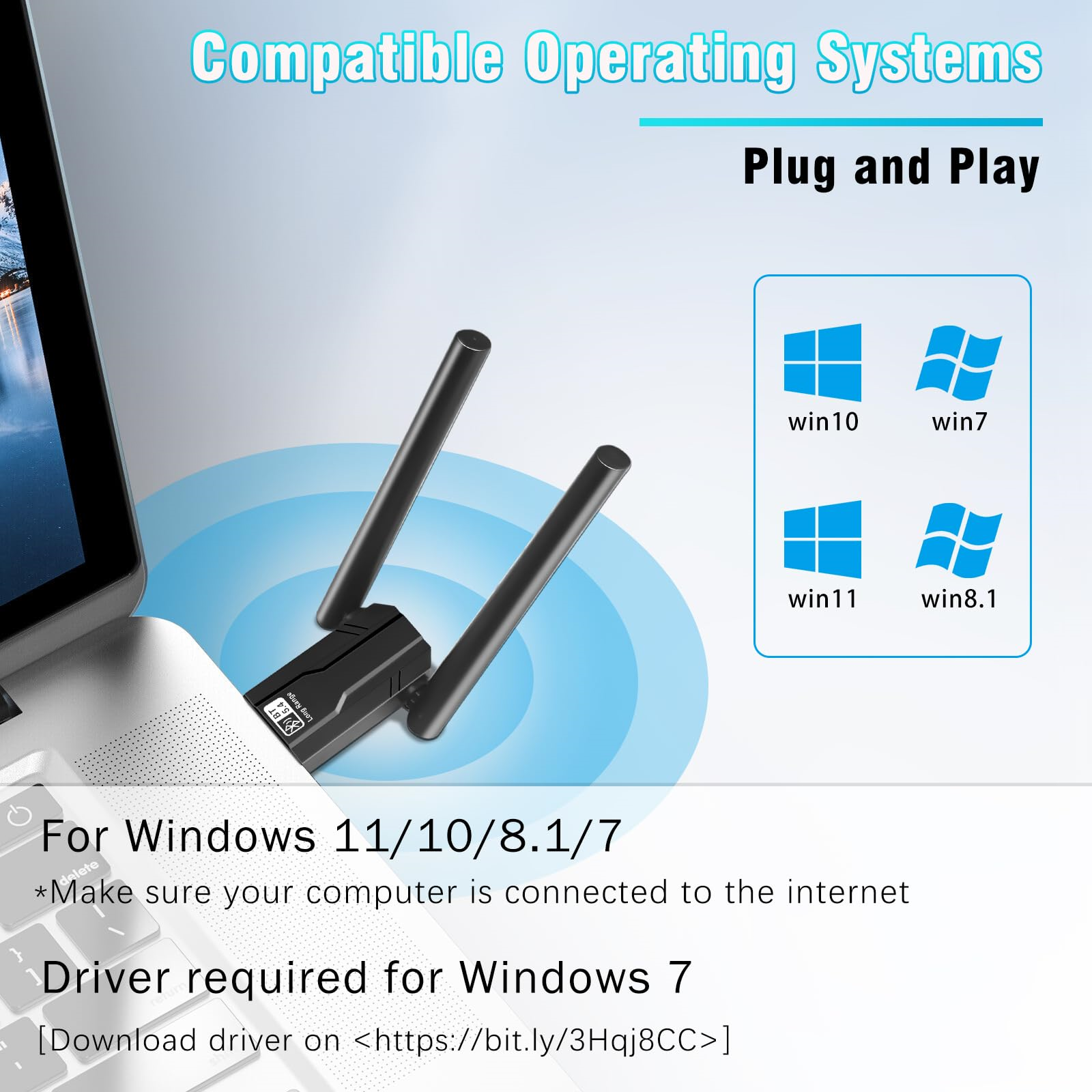 Schwarzer USB-WLAN-Adapter mit Antennen, vor einem Laptop mit Kompatibilitätssymbolen.