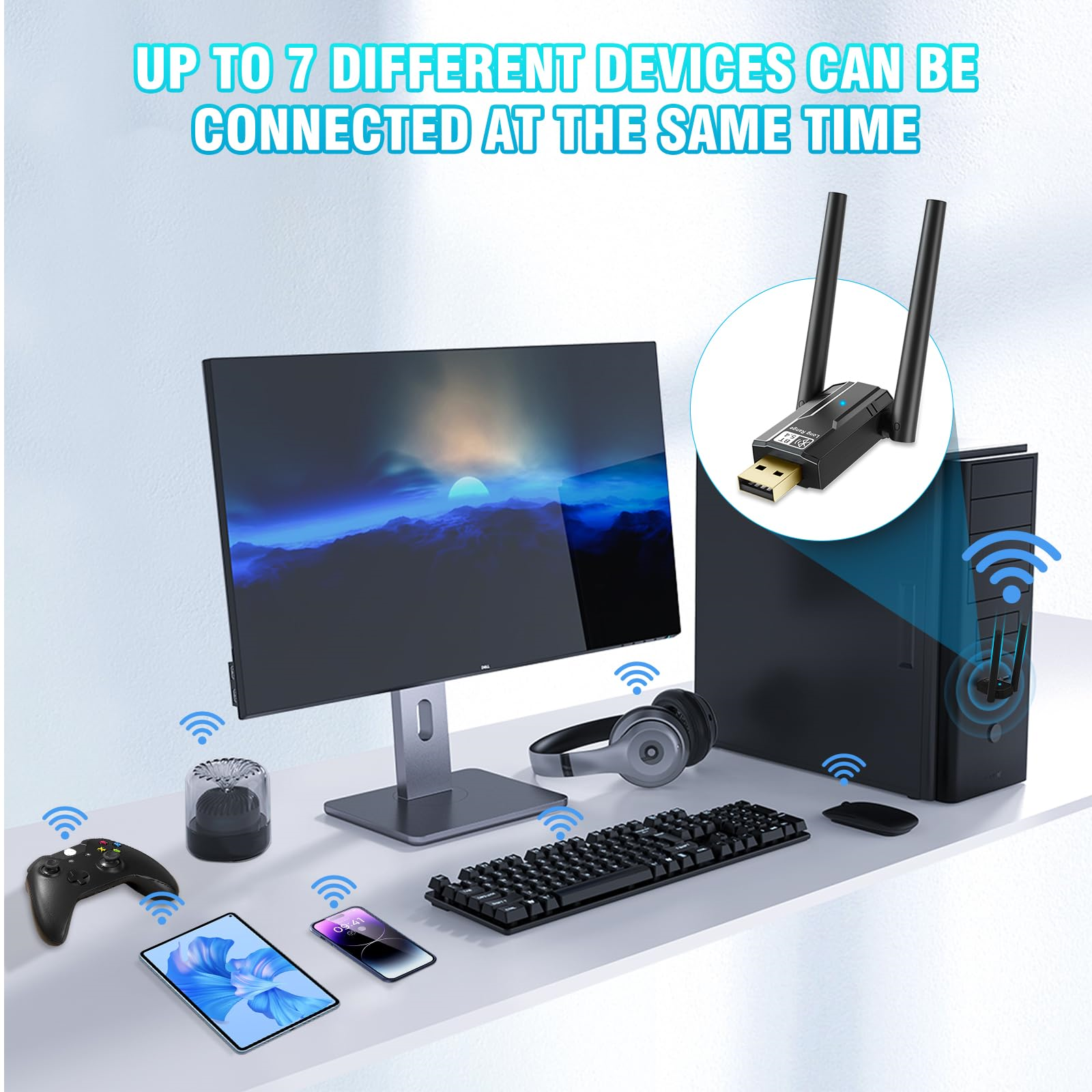 Mehrere Geräte, die mit einem schwarzen drahtlosen Adapter verbunden sind. Beinhaltet Monitor, Telefon und Gamecontroller.