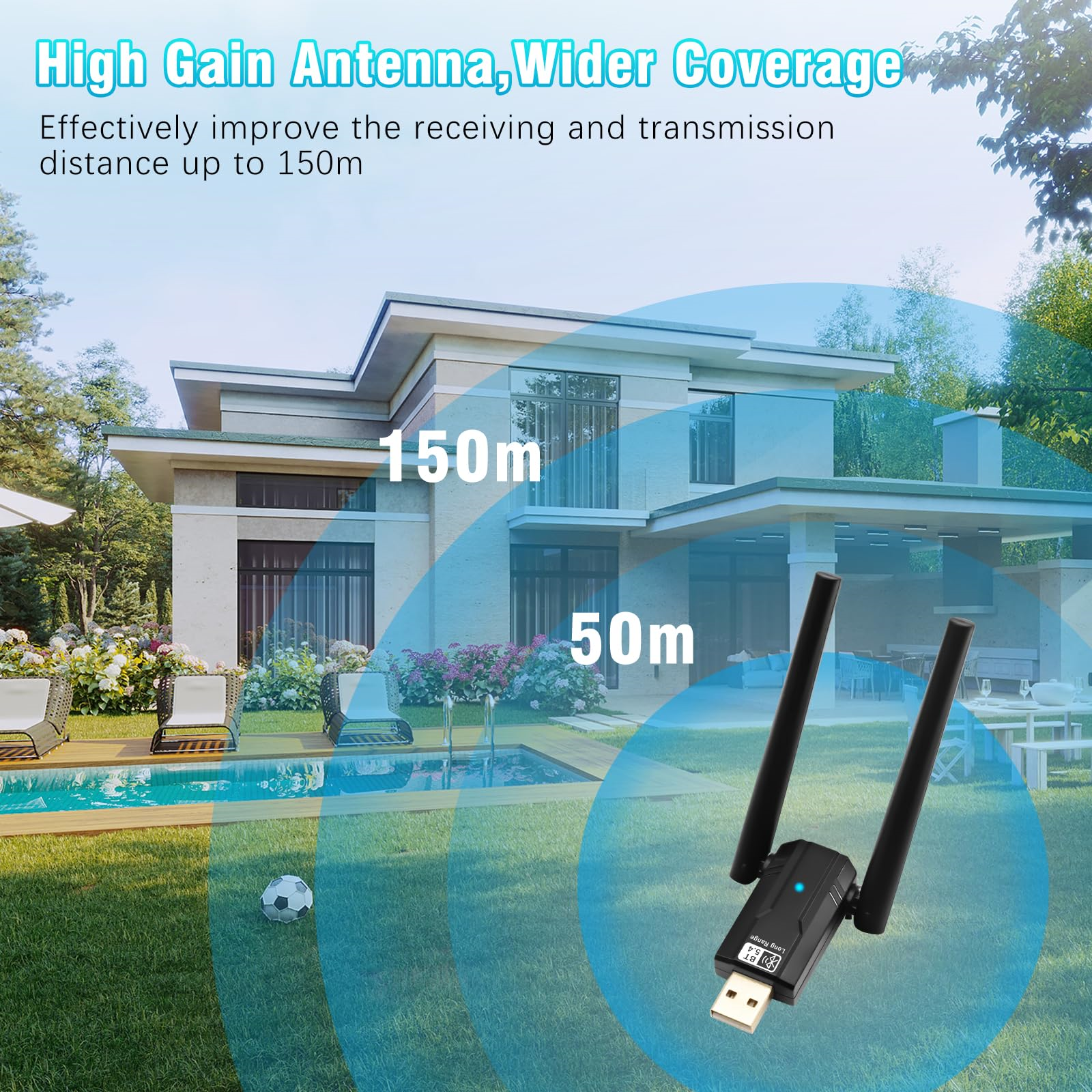 Ein drahtloser Netzwerkadapter wird mit einem Haus und einem Pool im Hintergrund gezeigt.